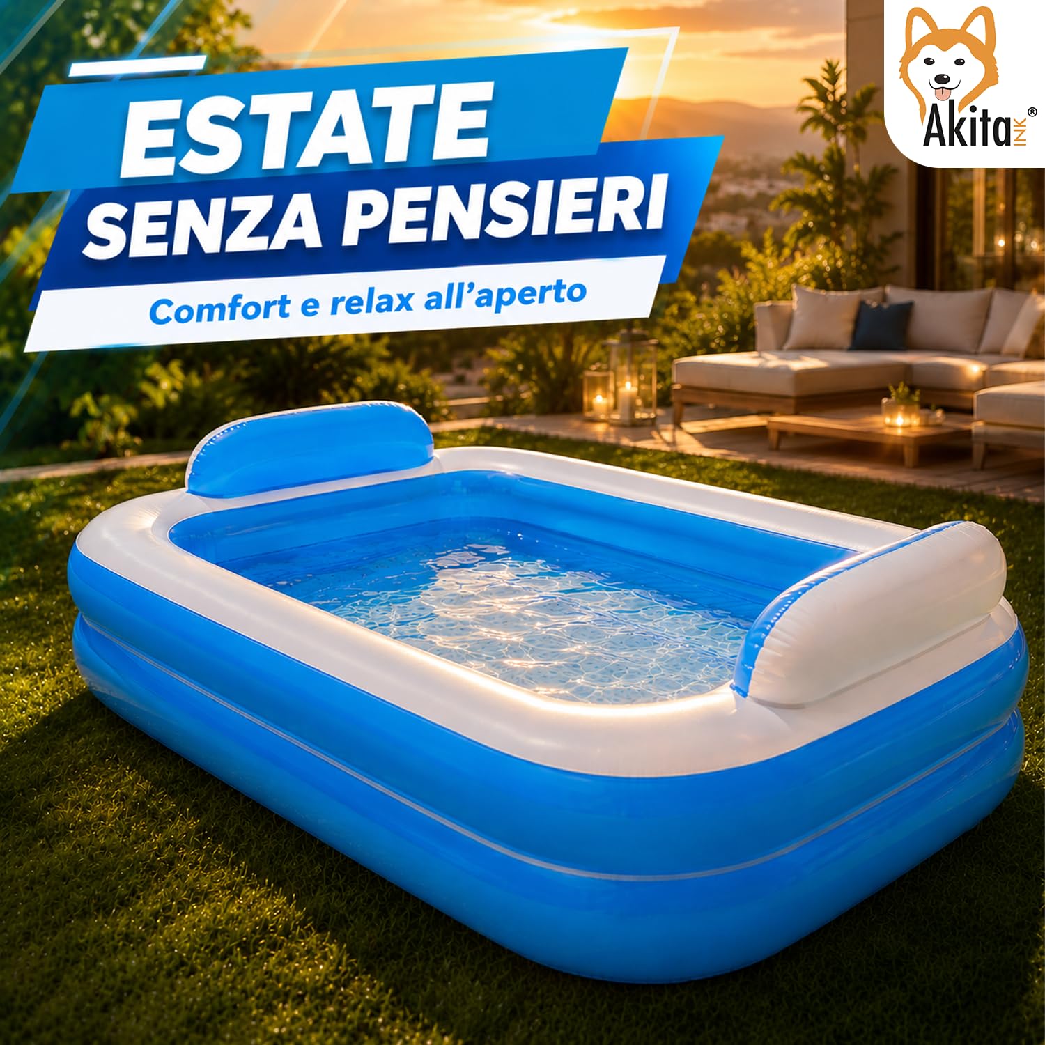 Akitaink Piscina Gonfiabile Rettangolare 200x150x50 cm con Cuscini Integrati, in Vinile Resistente PVC, Azzurro e Bianco, per Bambini dai 3 Anni, da Giardino
