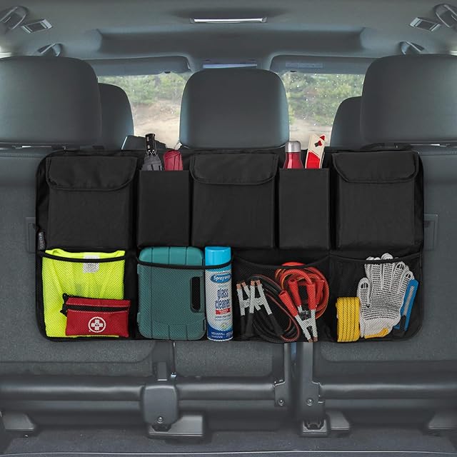 Car Boot Organiser - Backseat Storage Organizer with 4 Elastic Mesh Pockets and 2 Bottle Holder + 2 Large Compartments - Tidy Vehicle Hanging Storage | Declutter Cargo Net Bag for Travel