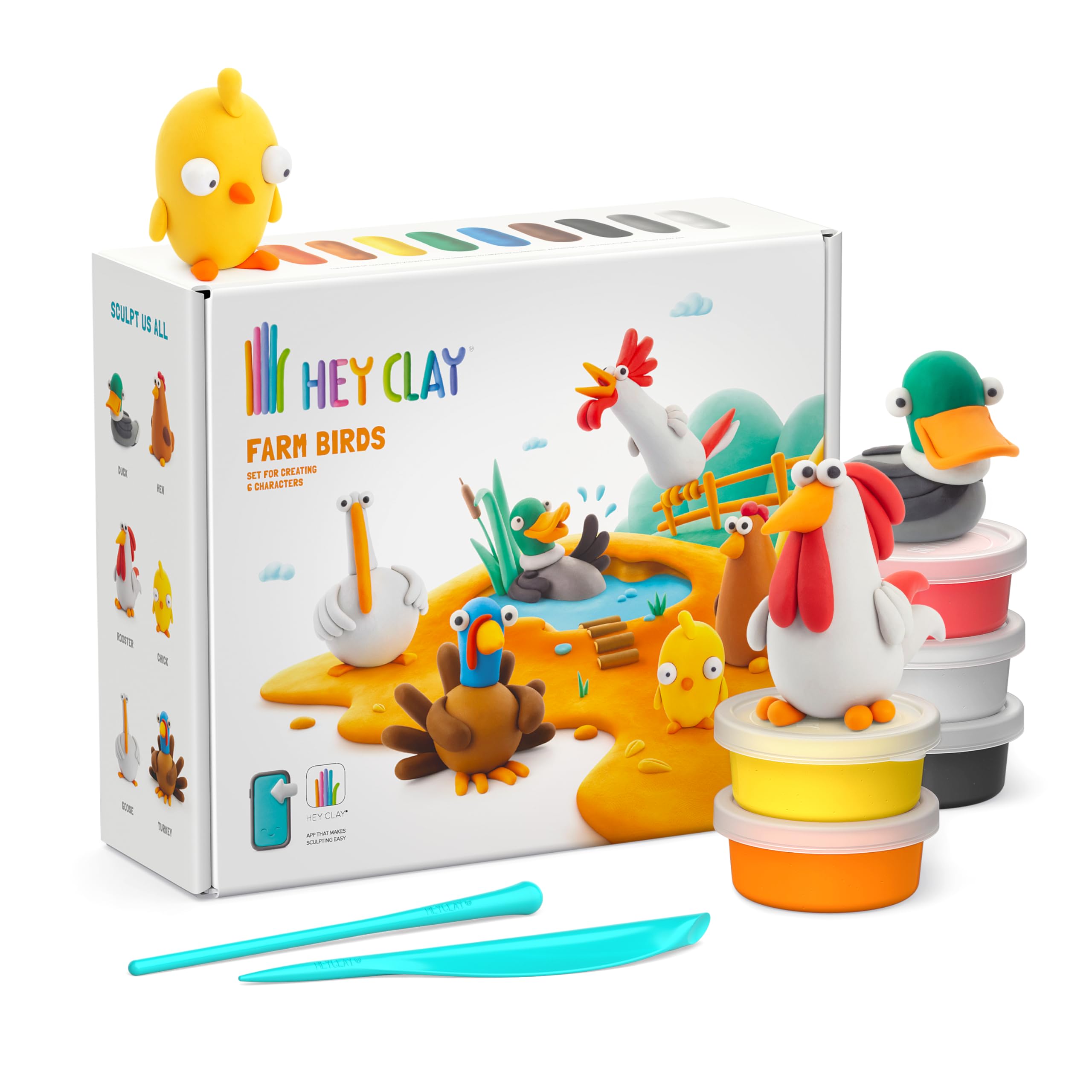 HEY CLAY - Kit con 15 barattoli di argilla autoindurente per bambini - Set di sculture interattive per bambini da 3 a 8 anni (Uccelli della fattoria)