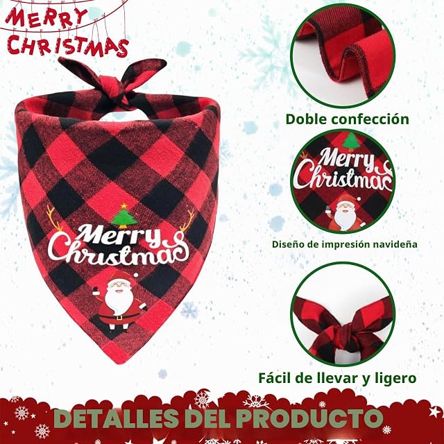 Foto 2 de 6 de 2 Bandanas de Navidad para Perro, Bufanda clásica a Cuadros, Lavables, Triangulares