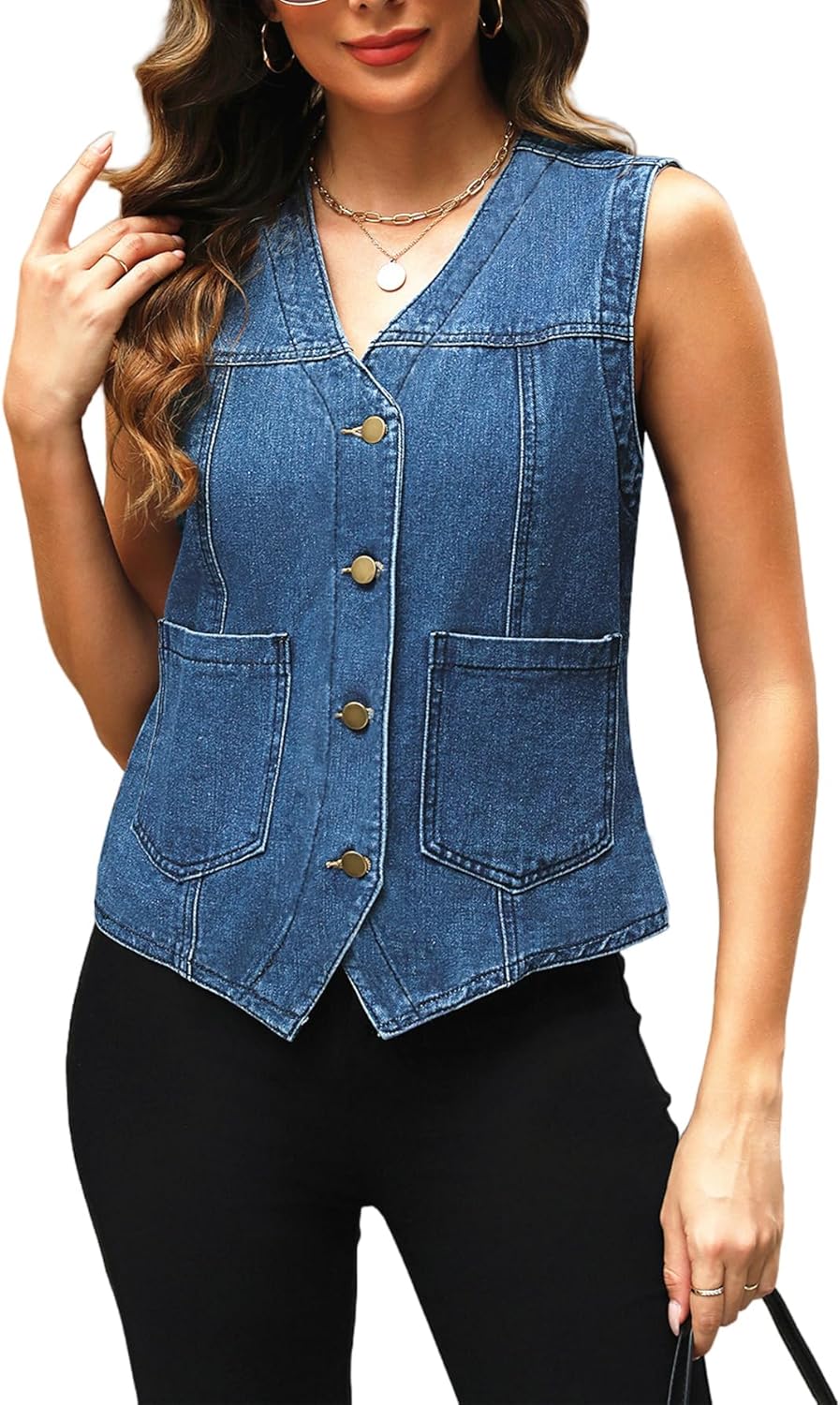 Ladyful Women's Sleeveless Denim Vest V Neck Button Down Jean Waistcoat Jacket - Image 2