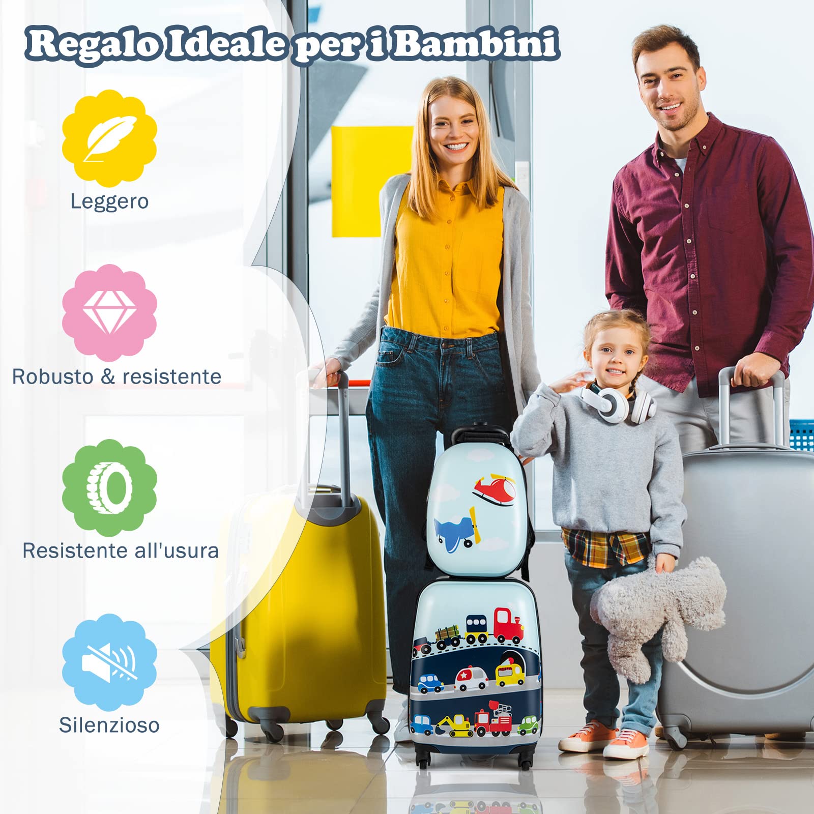 GYMAX Set di Valigia per Bambini, Trolley Bagaglio di 2 Pezzi a Mano Cavalcabile con Cinghia e Tracolla, Valigia Rigida con Ruote e Zaino, Regalo per Bambino e Bambina (12"+16", Aereo Auto)