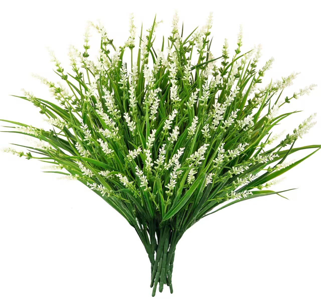 24 bundles artificial plants flowers outdoor, faux lavender flowers fake monkey grass uv resistant plastic plant for porch garden patio window home decor, white