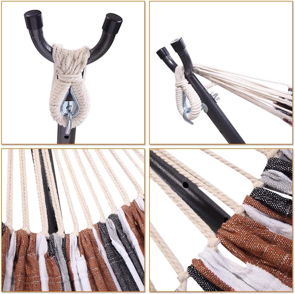 Portable Outdoor Polyester Hammock Set Coffee Strip, 250 lbs Capacity Hang Bed with Steel Stand