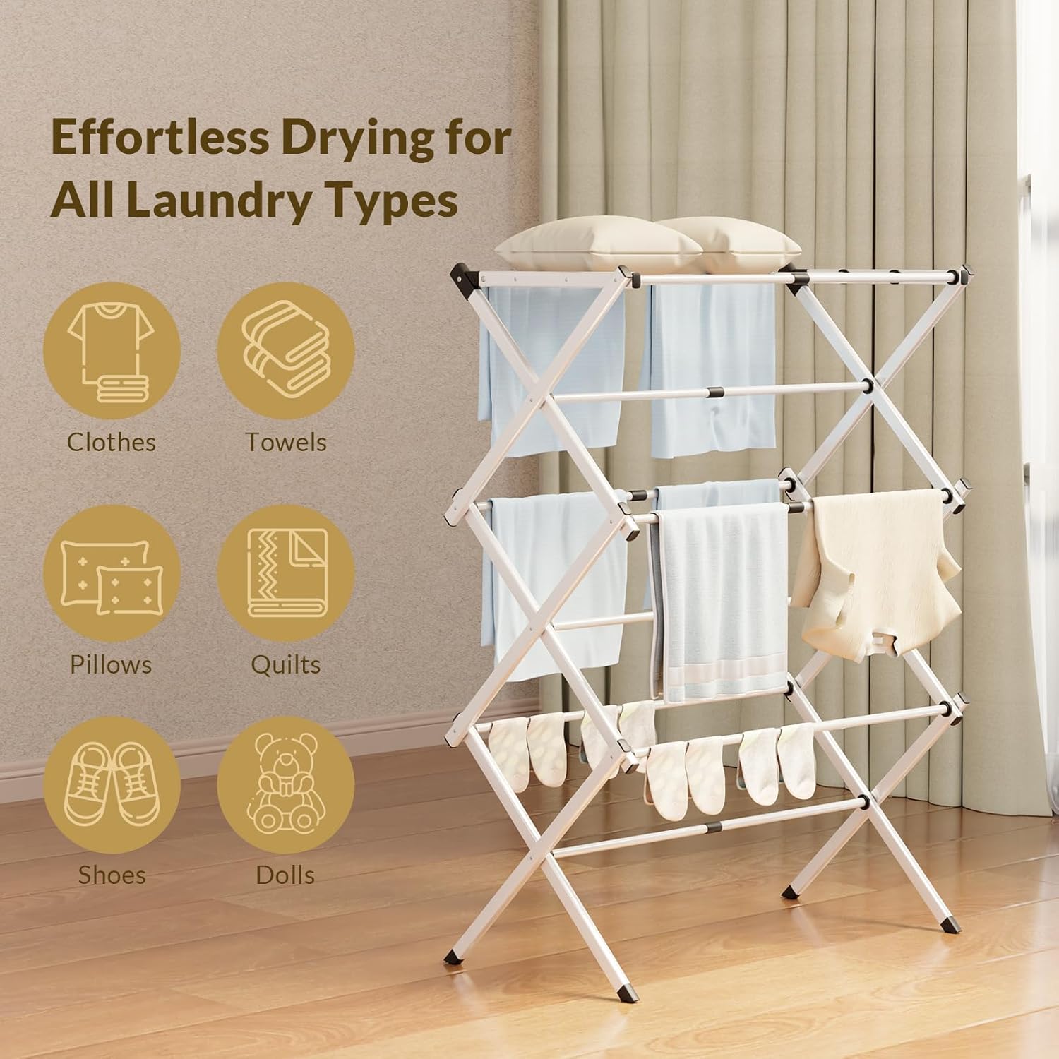 Clothes Drying Rack,Expandable Collapsible Heavy Duty Metal Laundry Standing Rack for Air Drying Clothing,3-Tier Portable Space Saving Clothing Rack for Laundry Indoor Outdoor(White)