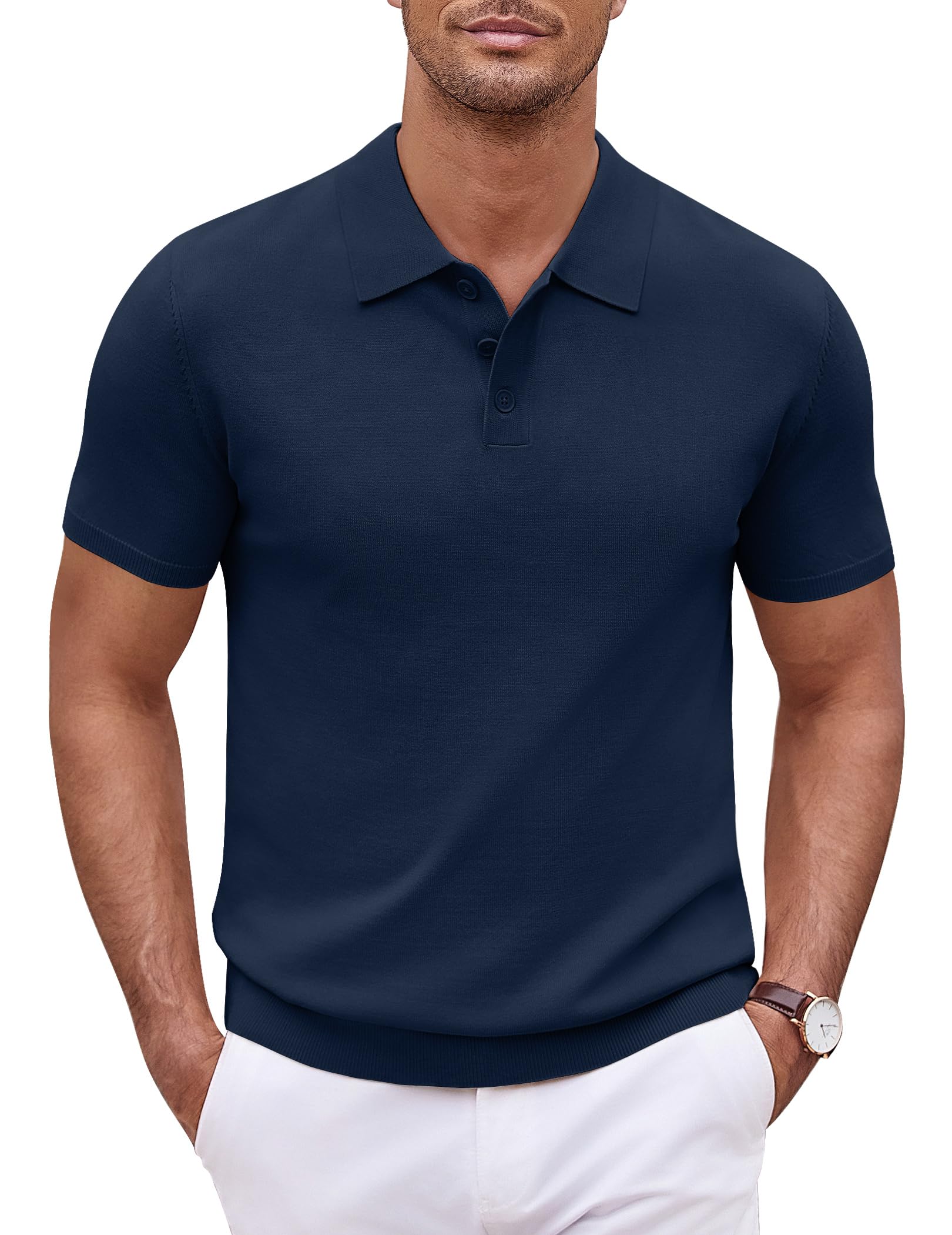 COOFANDY Herren Strick Poloshirts Kurzarm Casual Männer Knopfleiste Polo T-Shirt Einfarbig Polohemd Golf Shirts