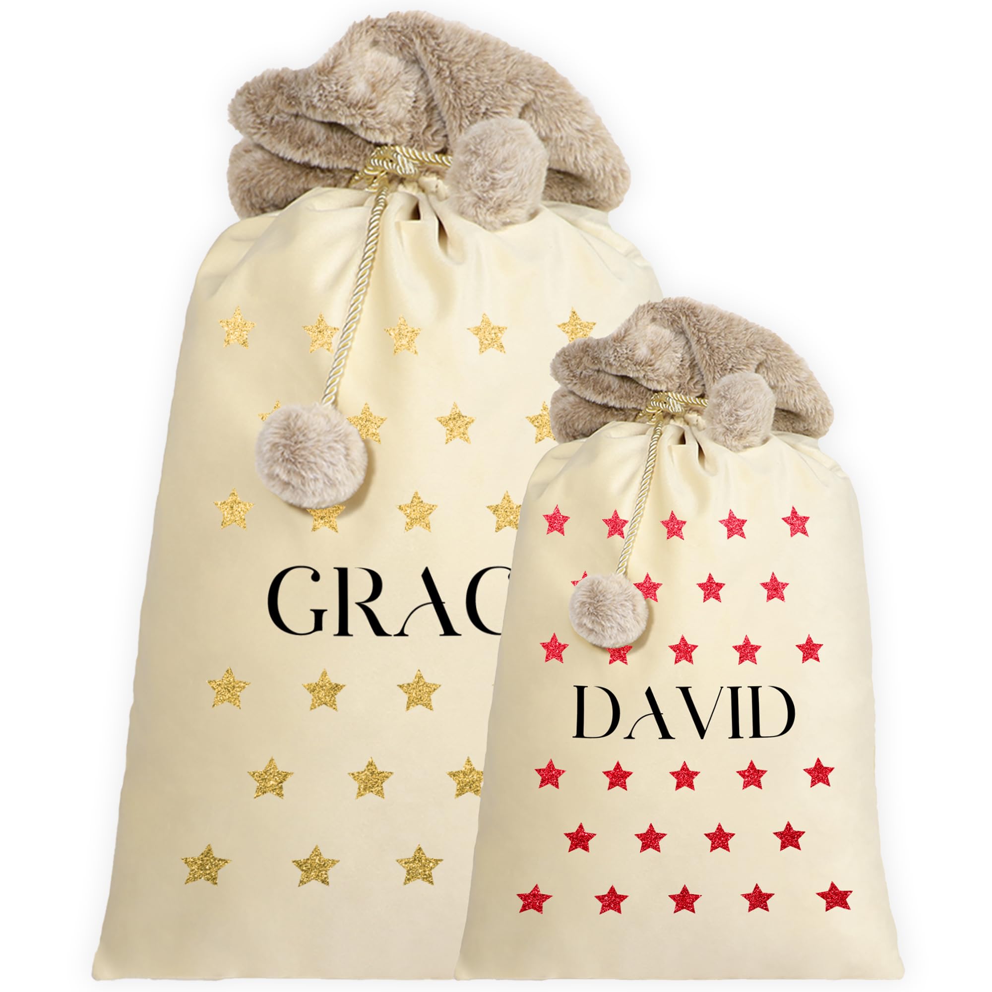 Print Maniacs Cream - Star Fusion Personalised Santa Sacks With Stockings, Customised Santa Sacks With Names, Custom Stocking Santa Sacks, Customise Santa Sack, Personalised Christmas Stocking Gifts For Kid, Baby, Pet, Family