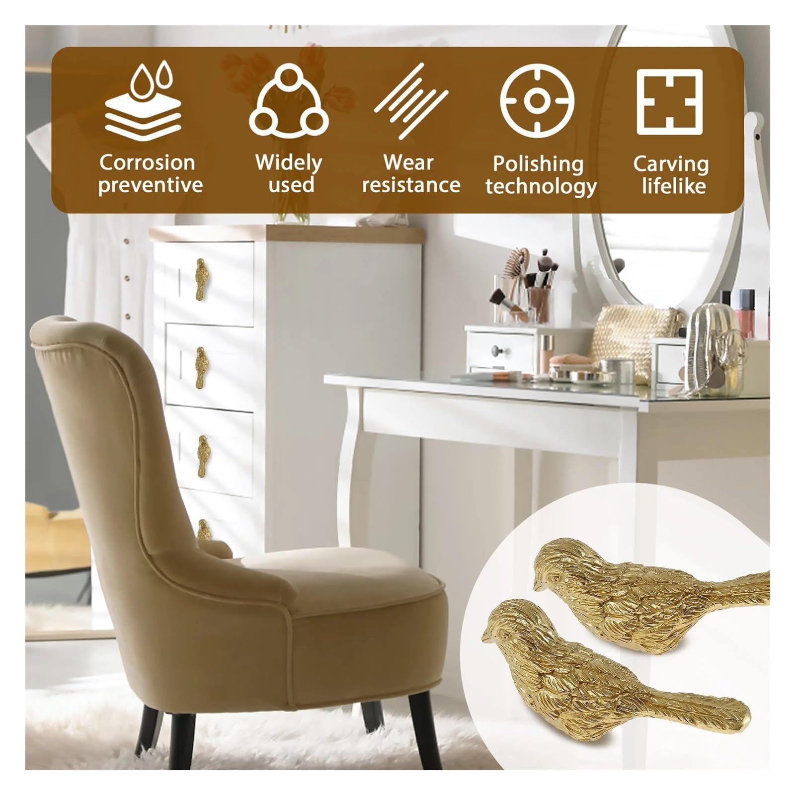 2 bis 6 Stück Schrankknöpfe for Möbel und Schubladen, Schranktürgriffe, Messing, kreative Vogelform, zieht Schubladenknöpfe(Gold 6pcs)
