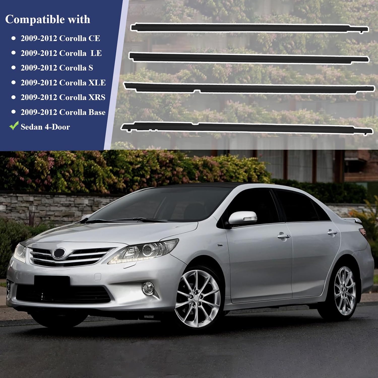 Car Window Molding Trim for 2009-2012 Toyota Corolla,Sedan 4-Door,Black Outer Door Weather Strip Window Seal Belt,Replace#75710-02210 75720-02210 75730-02190 75740-02190