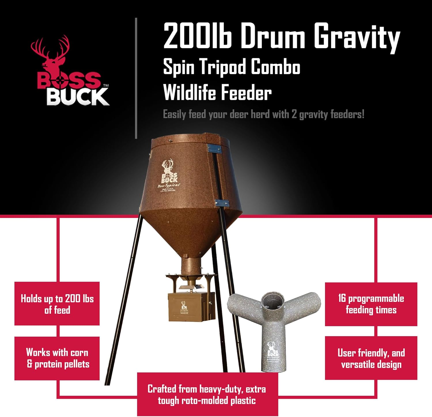 Boss Buck Deer Feeder Drum, Auto Feed System for Outdoor, Wildlife and Hunting, 200 Pound Capacity