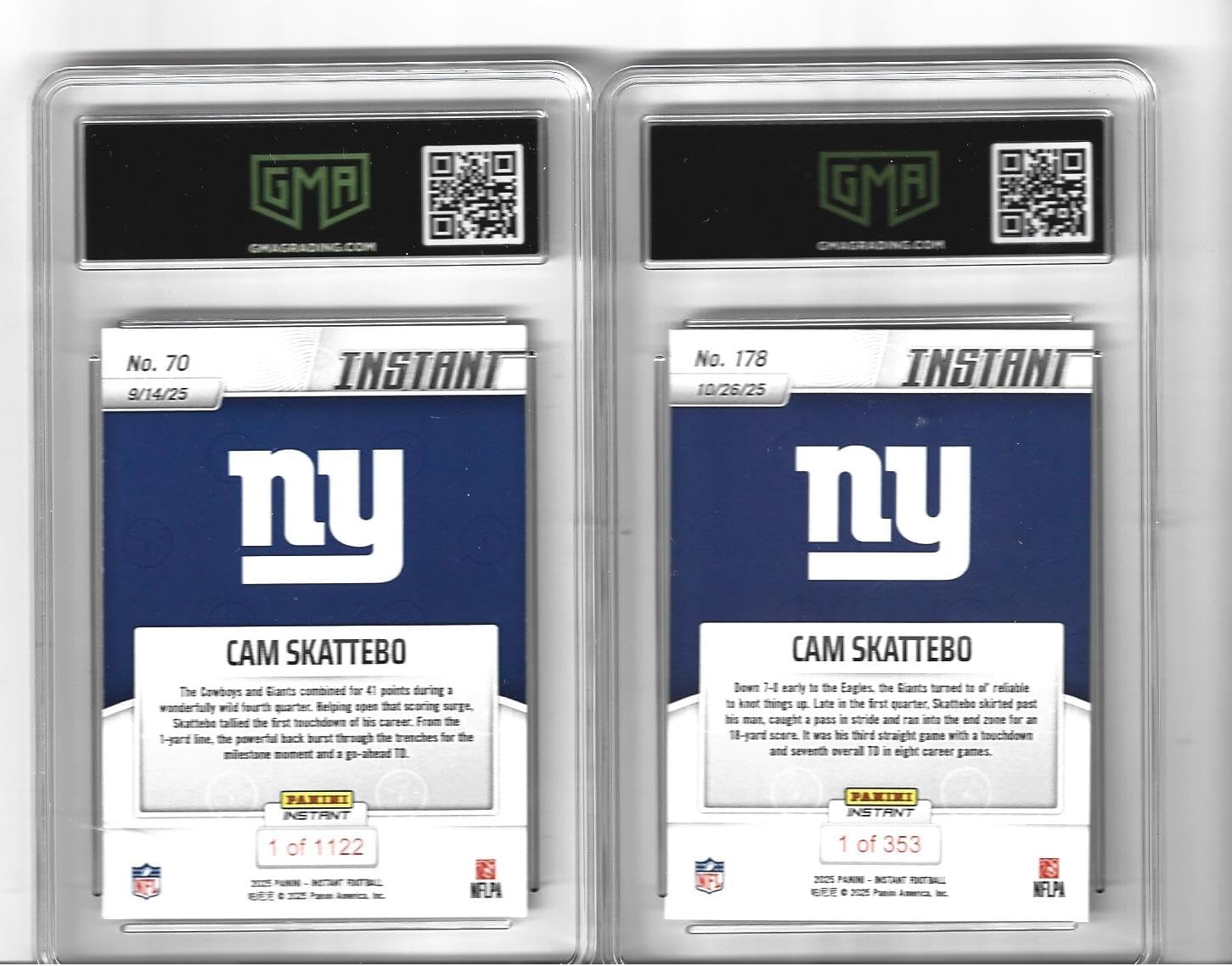 Graded Gem Mint 10 Cam Skattebo 2025 Football 2 Card Rookie Lot Giants Young Exciting Running Back! You Will Receive Both Cards Shown