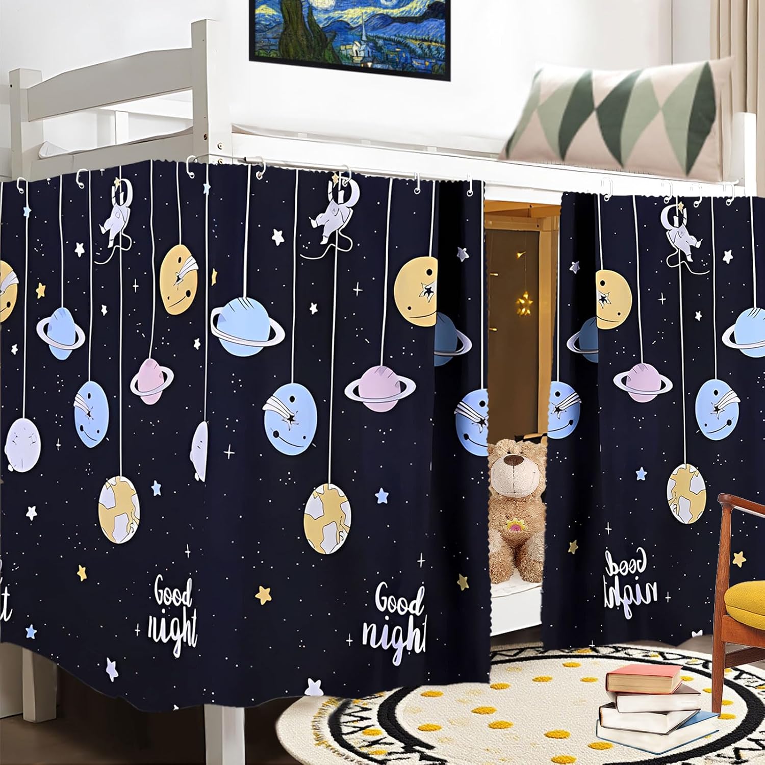 zhidiloveyou 2 Panels Bottom Bunk Bed Curtains Blackout Dorm Canopy Loft Bed Privacy Curtain (Colorful Planet)