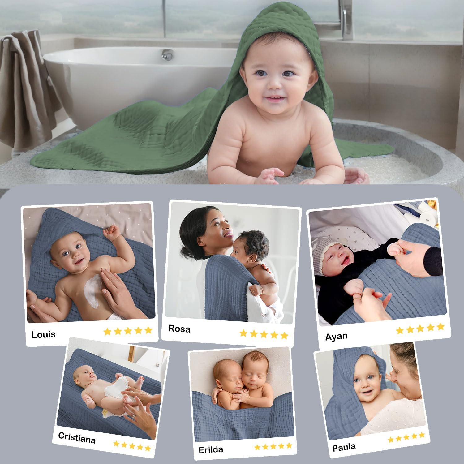 Accappatoio Neonato 0-3 Mesi E 6-12 Mesi Con 6 Asciugamano, Quadrotti Cotone E Mussole Cotone, Ideale Regalo Per Femmina E Maschio, 70x70 CM (Blu & Verde & Bianco)