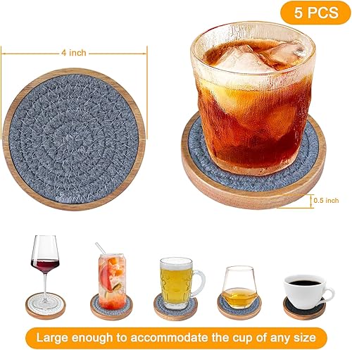 Miniatura 6 de Eykao Juego de 5 posavasos absorbentes para bebidas, posavasos tejidos con soporte, posavasos de madera para mesa de café, regalo de inauguración de