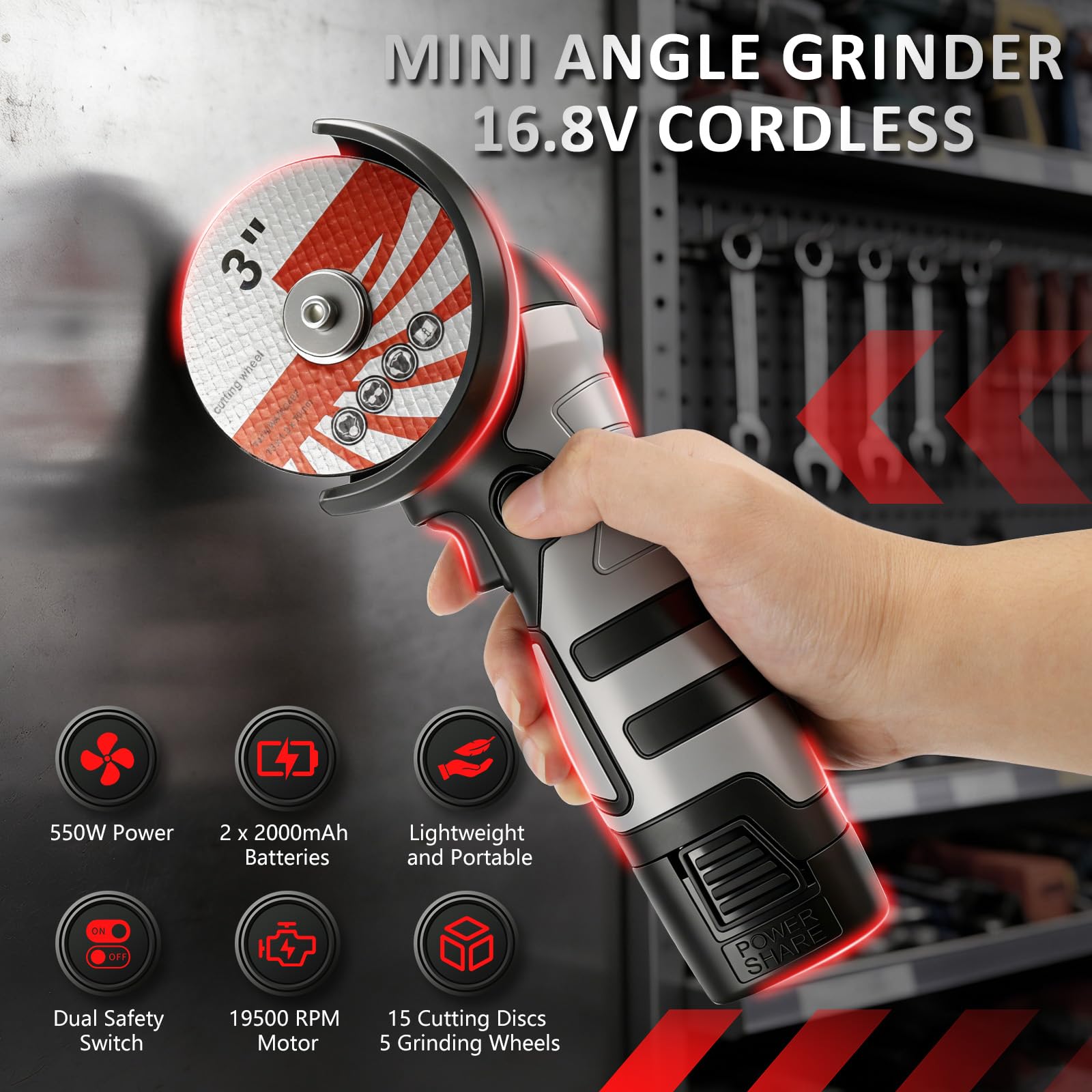 Mini amoladora angular con batería de 16,8 V con 2 baterías de 2000 mAh, 15 discos de corte y 5 discos abrasivos, batería de 75 mm Flex, motor sin escobillas de 19500 RPM para cortar, pulir, lijar