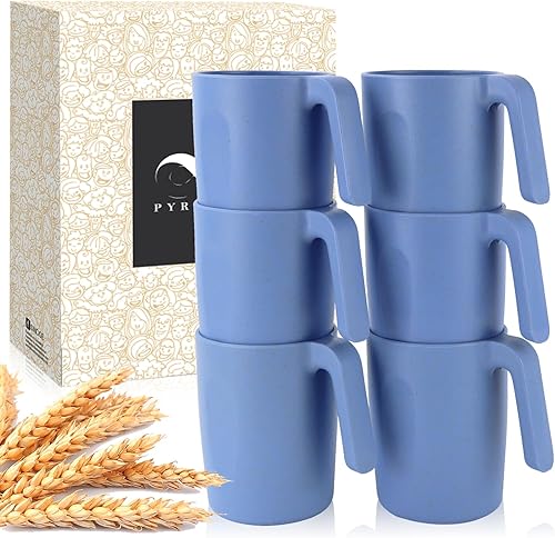 PYRMONT Juego de 6 tazas de paja de trigo, tazas de café de plástico reutilizables, tazas de té con asas, juego de tazas de 16 onzas para café,