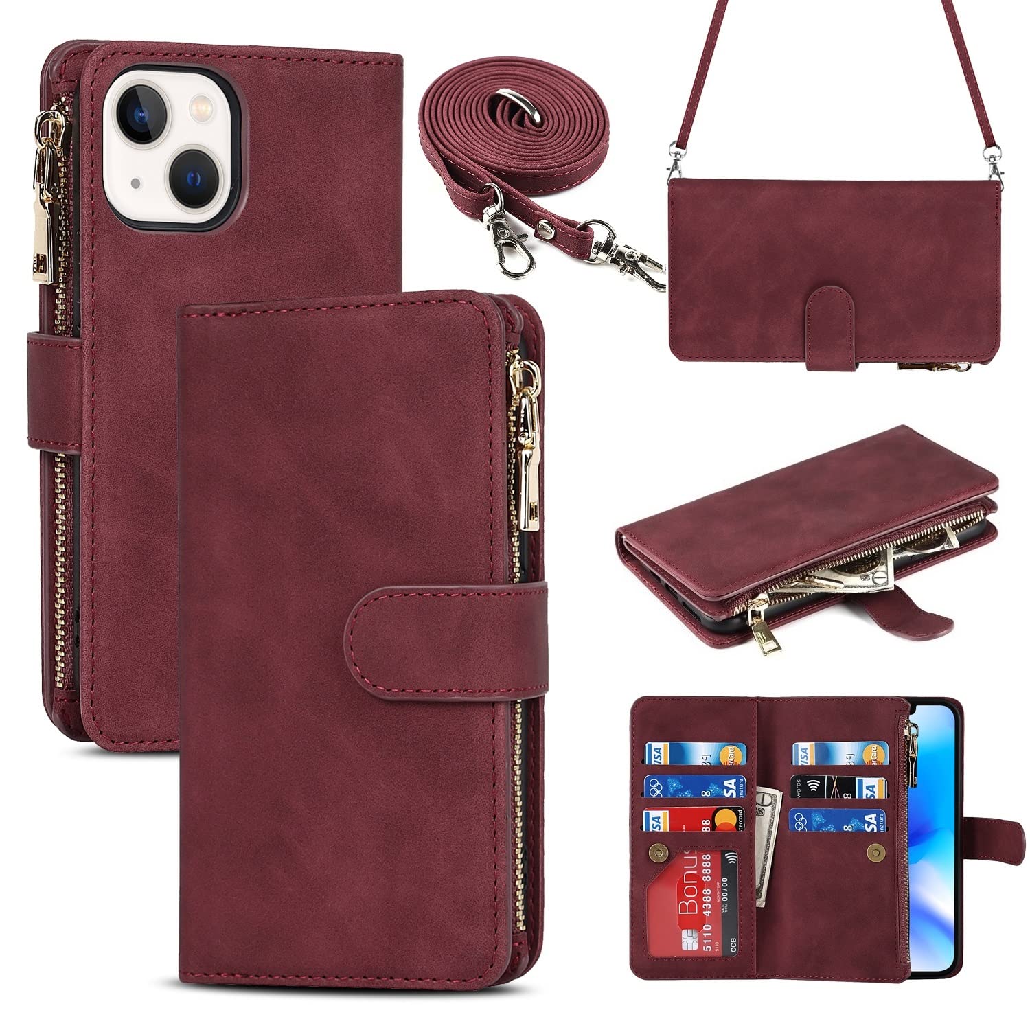 iCoverCase Designed for iPhone 14 Plus Wallet Case with Card Holder and Adjustable Crossbody Lanyard, PU Leather Kickstand Card Slots [Not Detachable] Flip Cover Case 6.7 Inch (Claret)