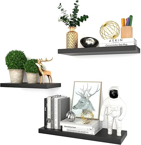 Miniatura 1 de Estantes flotantes negros montados en la pared 3 juegos de estantes de madera modernos con soportes invisibles para sala de estar dormitorio baño