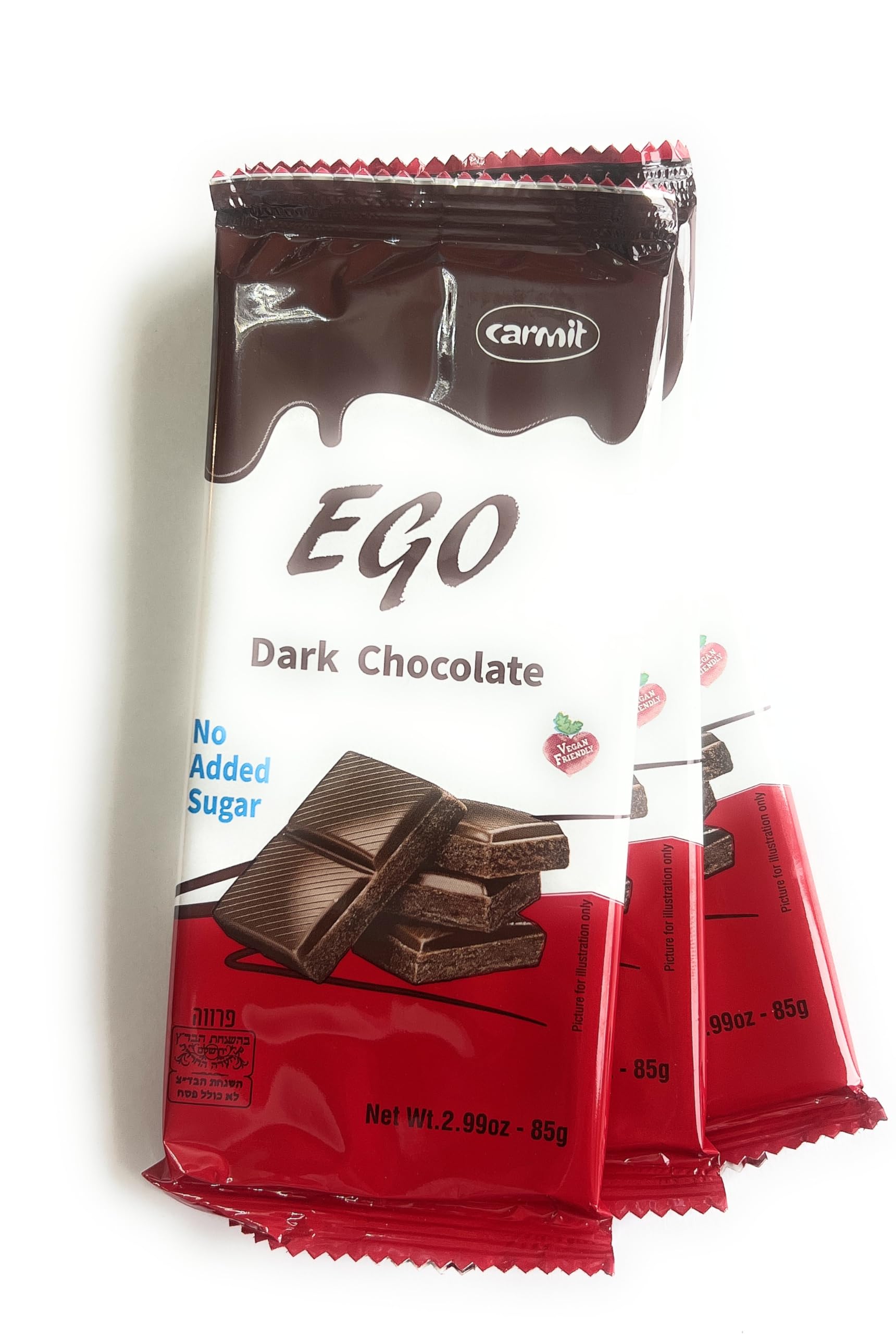 3 Carmit EGO Chocolate Bars -No Sugar Added - Dairy or Dark - KOSHER (3'' x 6'', Dark- Parave)