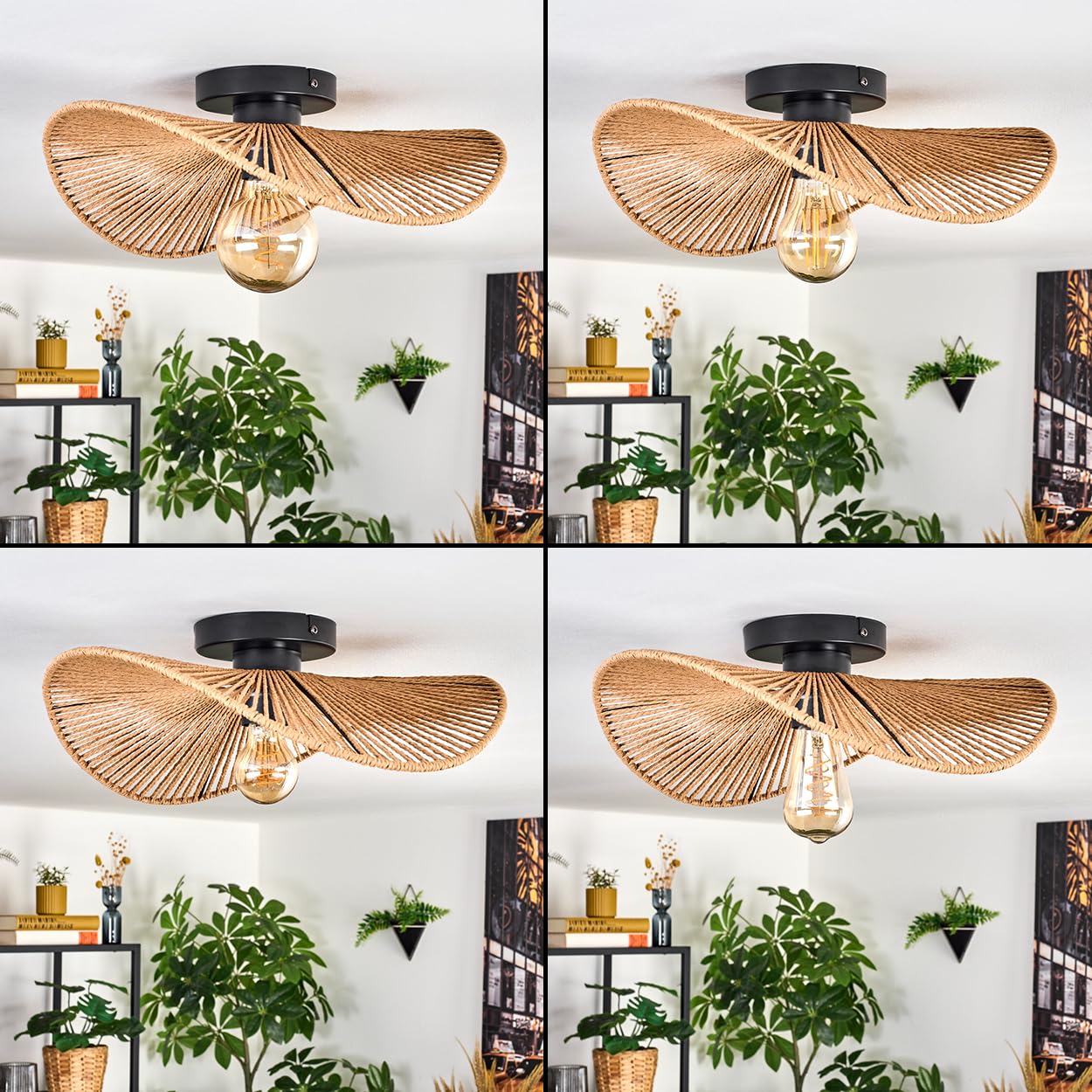 HOFSTEIN Elsa lampa sufitowa, lampa sufitowa wykonana z metalowej/papierowej siatki w kolorach czarnym/naturalnym, stylu boho z efektem świetlnym na suficie, E27, jadalnia, salon, sypialnia