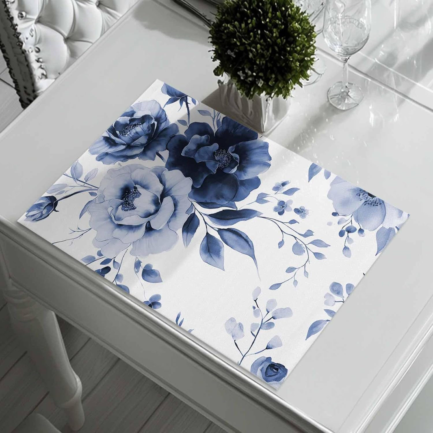 Blue Floral Placemats Set of 8, Elegant Watercolor Flower Table Mat Place Mats for Home Party Table Decorations
