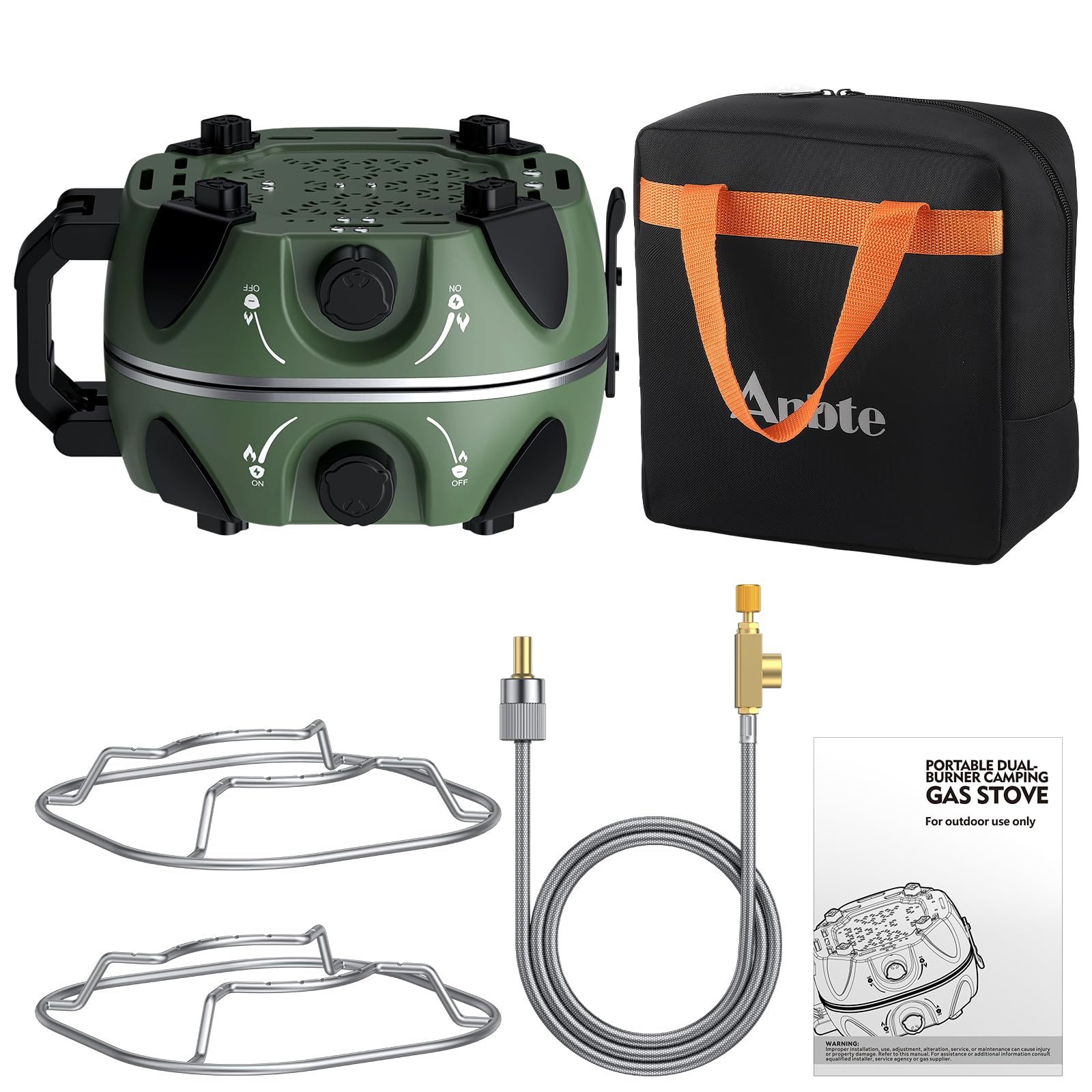 Anbte Réchaud Gaz Pliable Double Brûleur Vert 20000 BTU | Léger Compact, Allumage Piézo, Compatible Isobutane, Sac de Rangement, Adapté Camping Voiture, Caravane et Randonnée