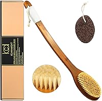 ICANdOIT 19.68" Extra Long Bent Handle Boar Bristle Bath Brush with Pumice Stone - Anti-Slip Back Scrubber for Deep Exfoliation