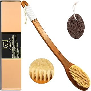 ICANdOIT 19.68" Extra Long Bent Handle Boar Bristle Bath Brush with Pumice Stone - Anti-Slip Back Scrubber for Deep Exfoliation