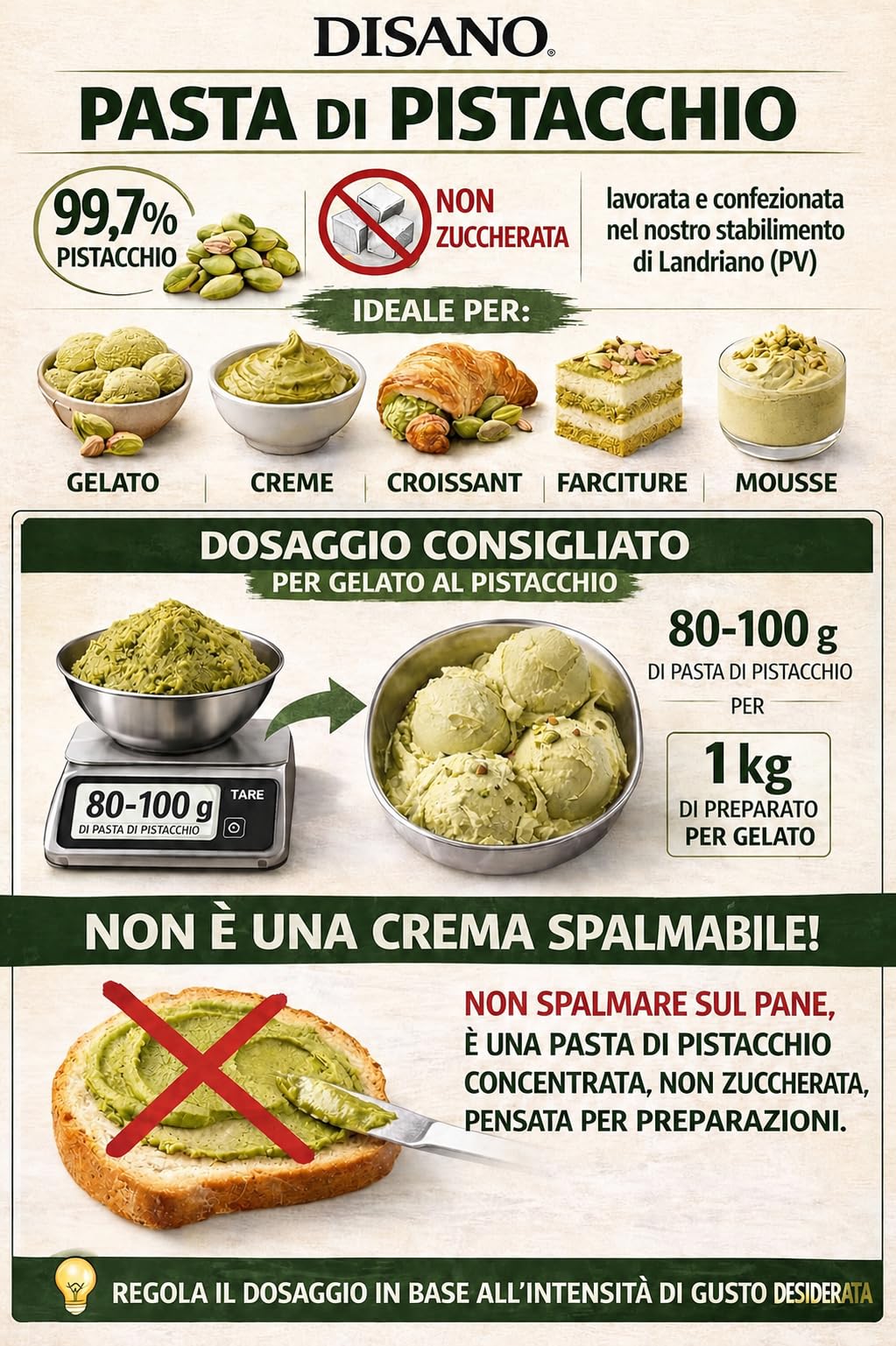 Pasta Pura di Pistacchio 1kg Disano – Pistacchi Selezionati – Ideale per Gelato, Creme e Pasticceria – Gusto Intenso e Naturale – Lavorata in Italia - Origine Pistacchi Extra UE