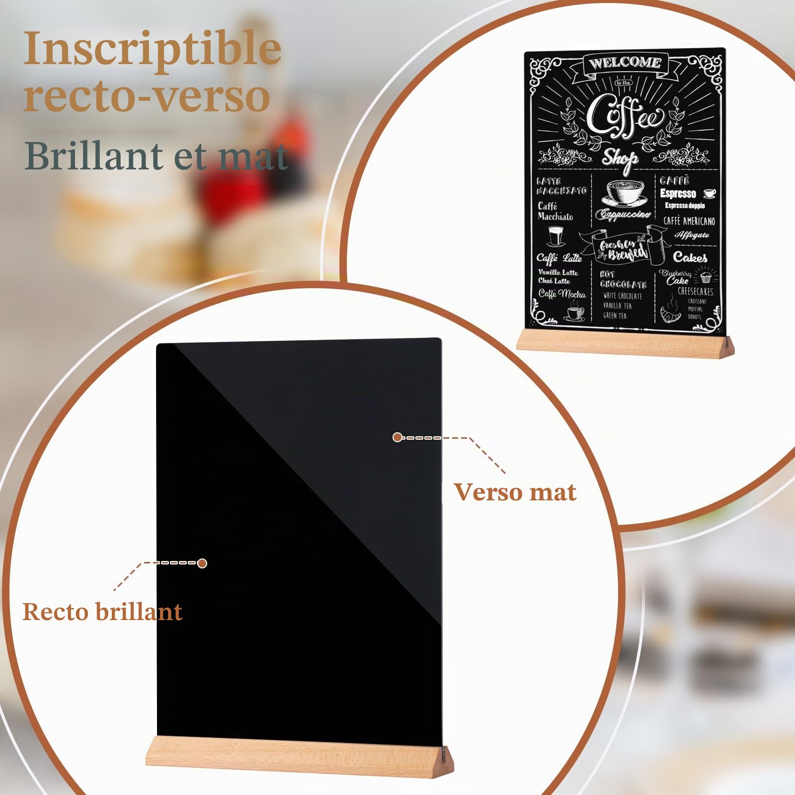 Tableau Noir A4, 2 Pièces Mini Tableaux Noirs avec Supports en Bois, Double Face Ardoise Craie Signes, Étiquettes de Prix en acrylique pour Menus Mariage Bar Café