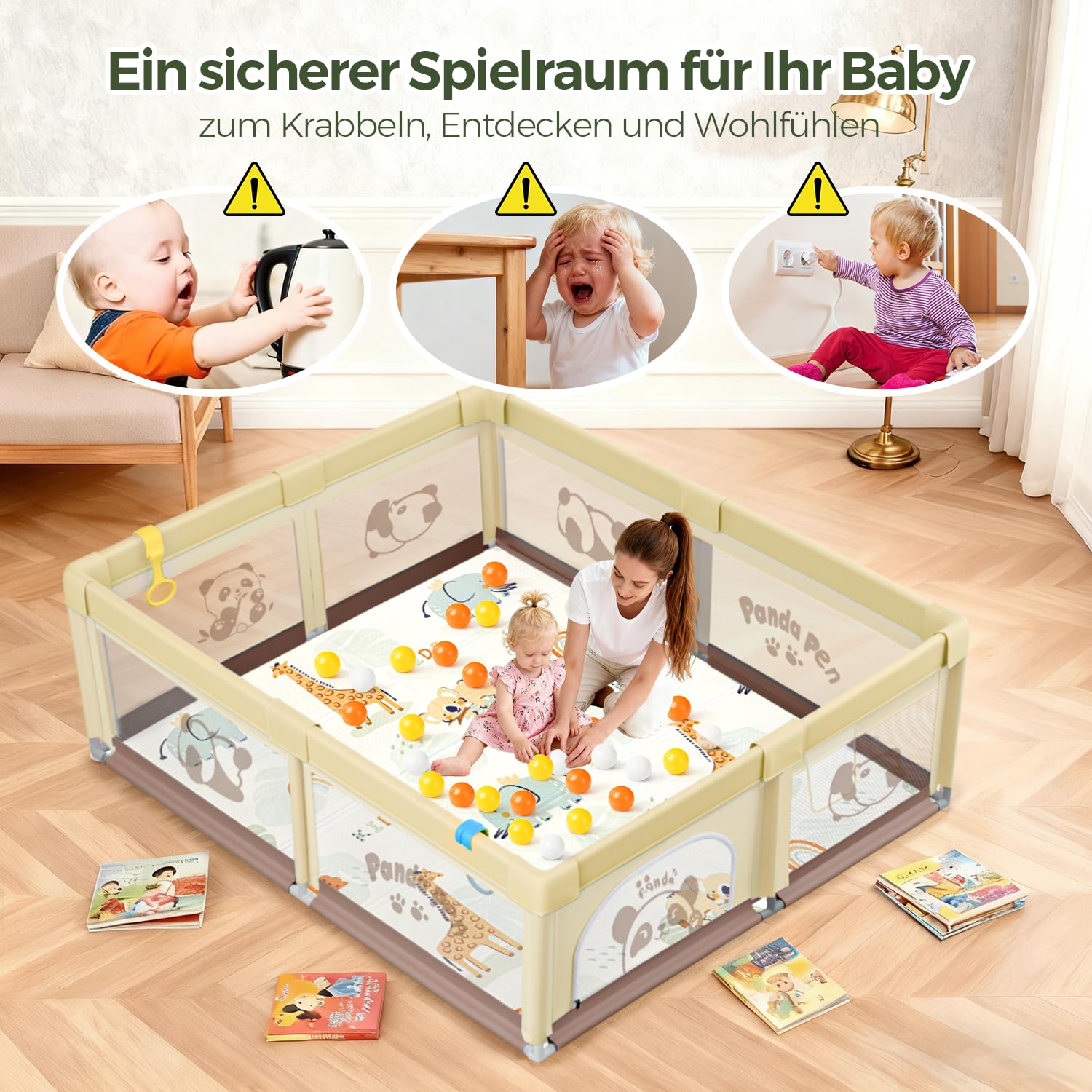 Laufstall Baby 150x180cm mit Matratze, XL Laufgitter Baby mit Rutschfestem Boden & Atmungsaktivem Netz, 210D Oxford Gewebe, Stabiler & Sicherer Babyspielplatz, Playpen, 60 Bällen, 4 Griffe