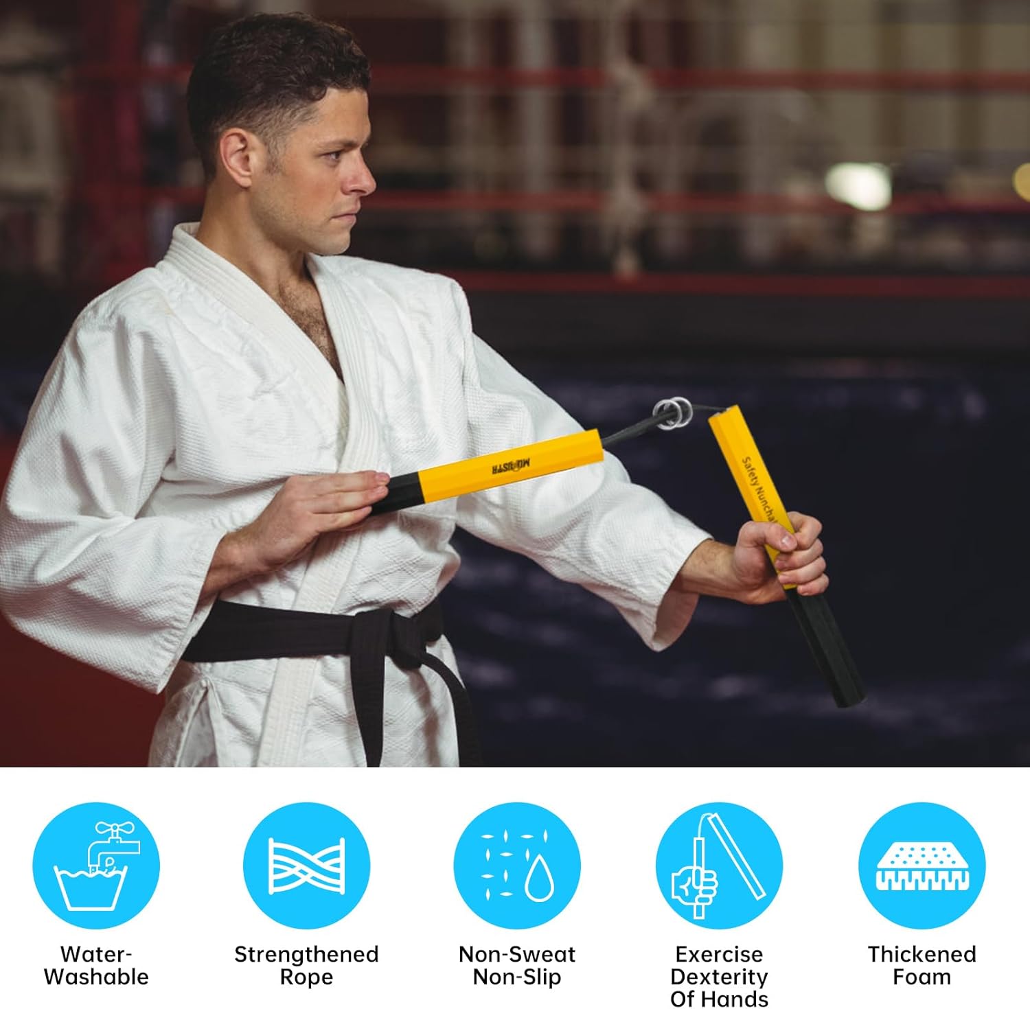 Safe Foam Rubber Cord Nunchakus for Beginners Practice and Training Karate (Yellow)
