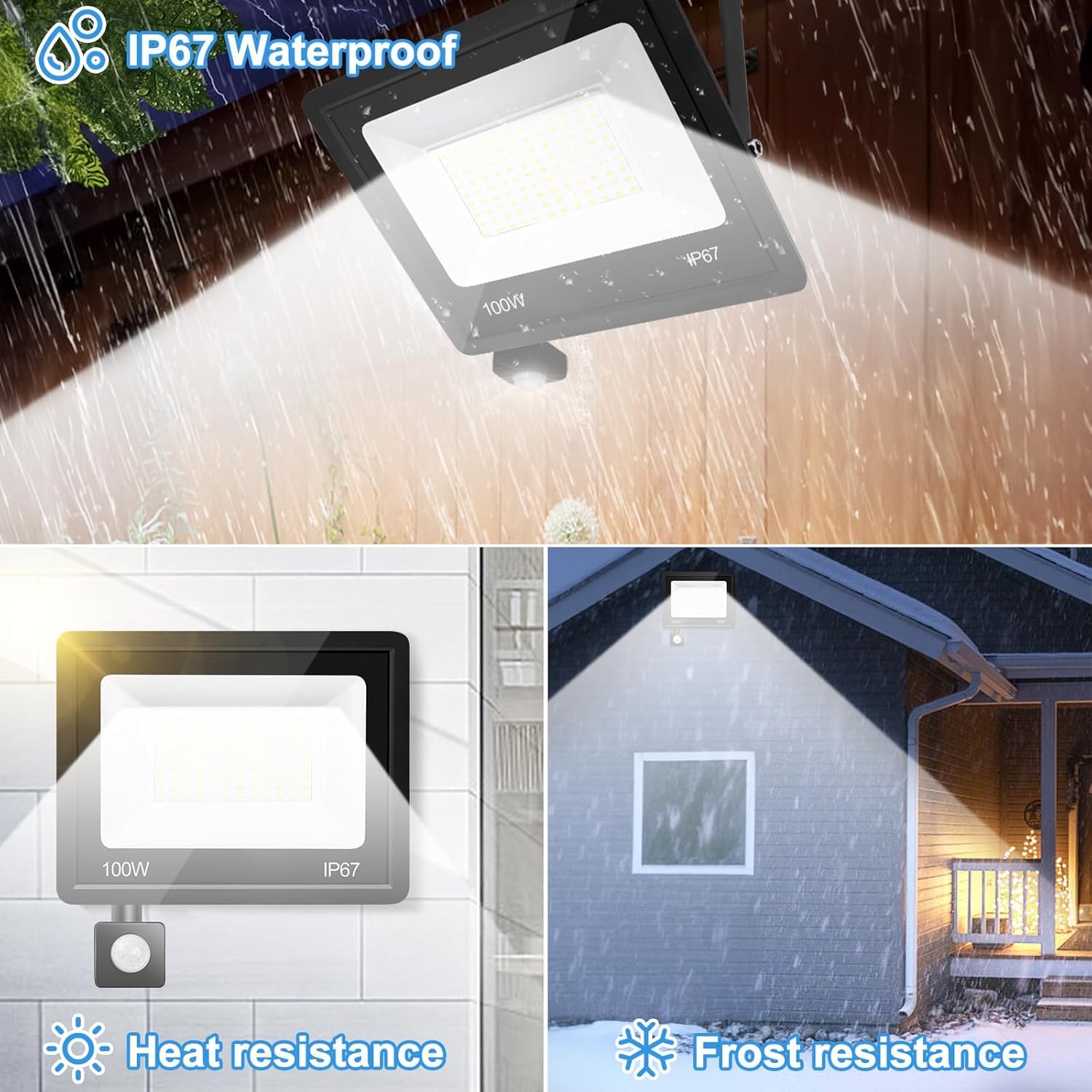 Faretto LED da Esterno 100W 10000LM 7000K con Sensore di Movimento, IP67 Impermeabile Super Luminoso Bianco Freddo Luce di Sicurezza per Garage, Cortile, Patio