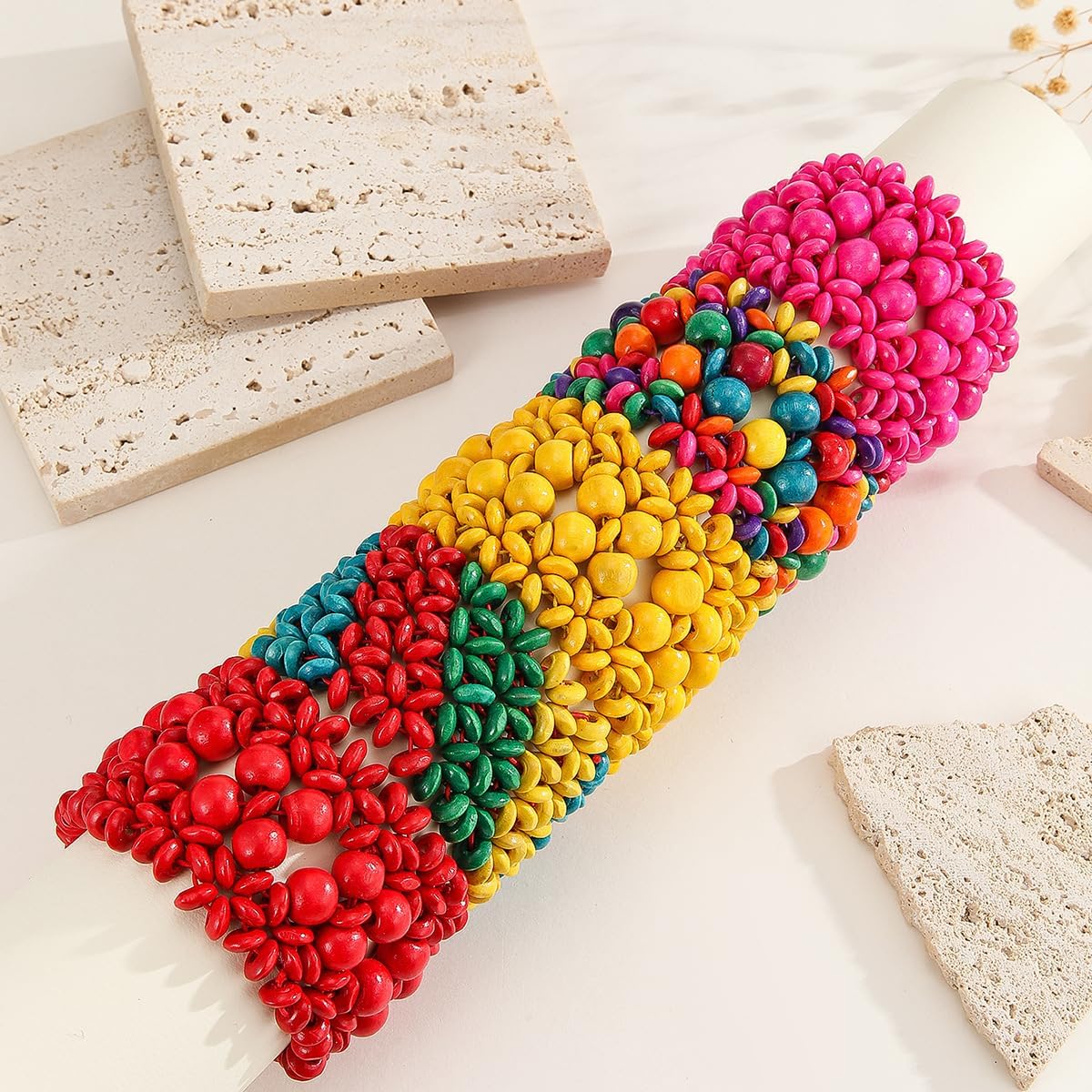 Caiyao Bohemian Multicolor Natural Wooden Beads Woven Stretch Bracelets Retro Thick Coconut Shell Wood Beaded Elastic Wristband Bracelet Wide Chunky Ethnic Bangles for Women Holiday Jewelry Gifts - Image 3