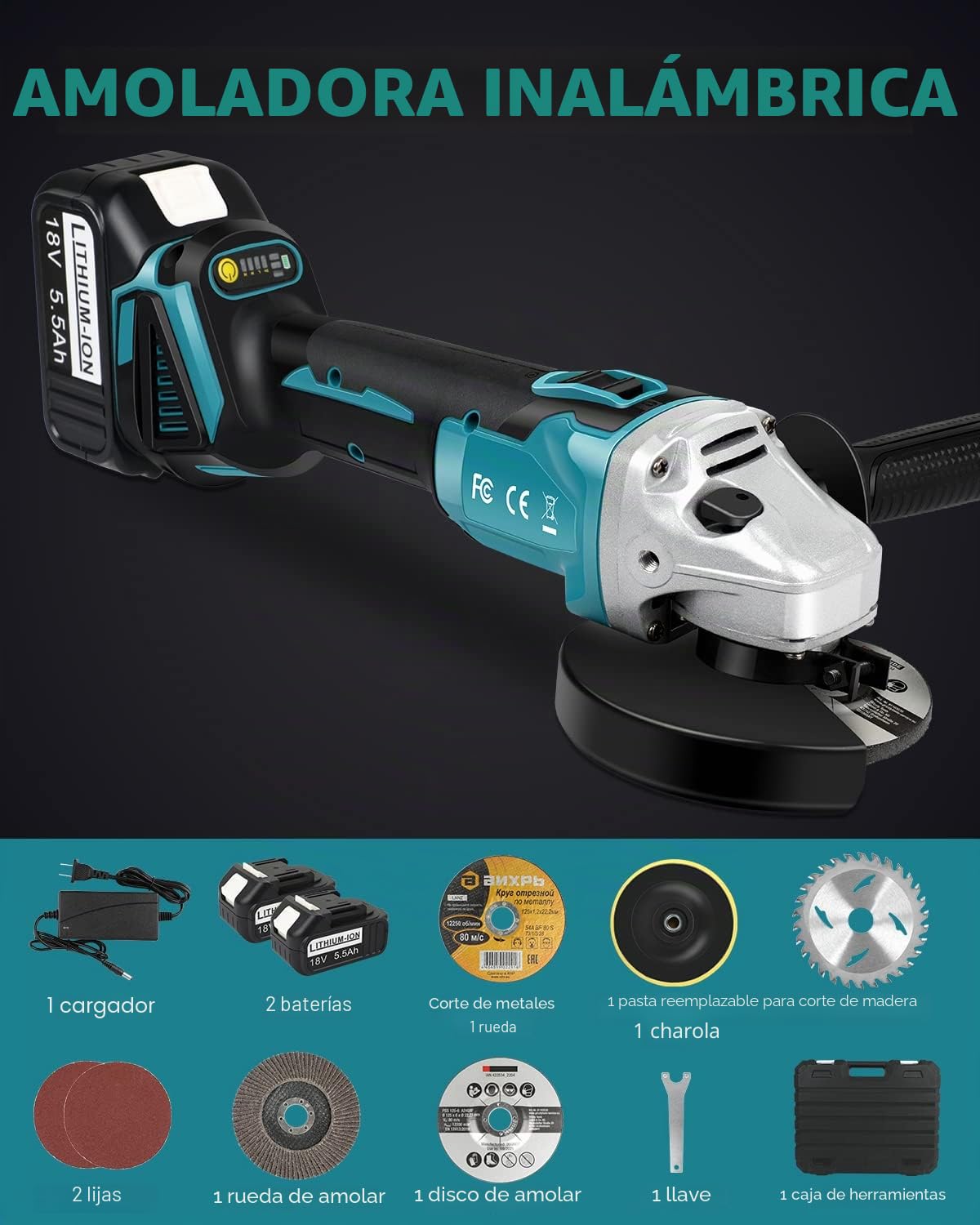 LabTEC Amoladora Angular, 800W, Amoladora Angular con Cable y Cuchillas con 2 Packs 18V 5500mAh Batería y Cargador para Cortar, Esmerilar, Pulir y Afilar
