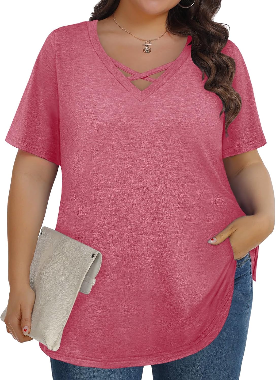 Plus Size Tops for Women Summer Trendy Criss Cross Shirts Oversized Casual Loose Fit Tunic Tops L-4XL - Image 2