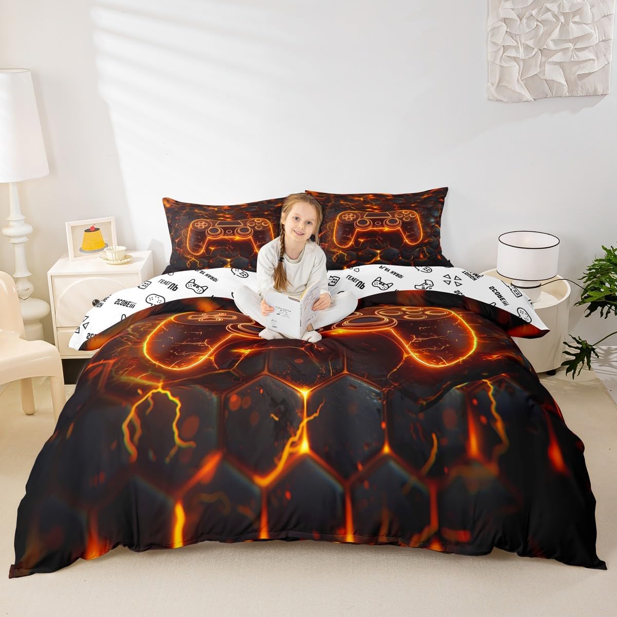 Gaming Gamepad Kids Duvet Cover Set Full Size,Modern Video Games Controller Bedding Set,Boys Men Room Decor,Neon Geomotric Honeycomb Hexagon Comforter Cover,Black Orange Quilt Cover,2 Pillowcases