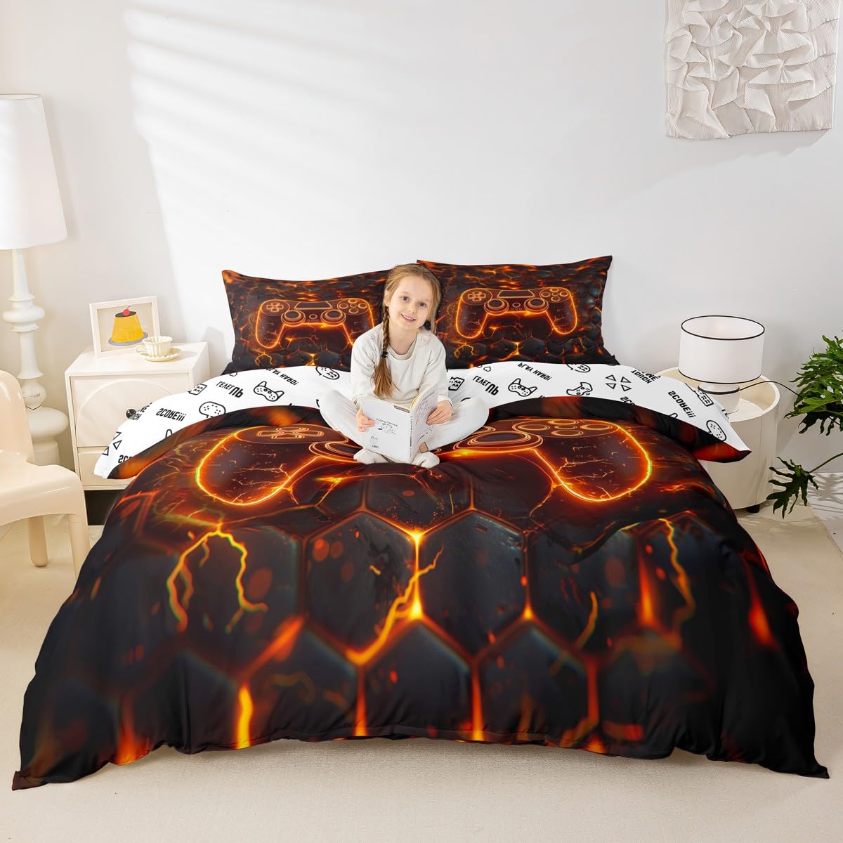 Housse de couette manette de jeu vidéo orange néon pour relooker une chambre d'enfant ou d'adolescent