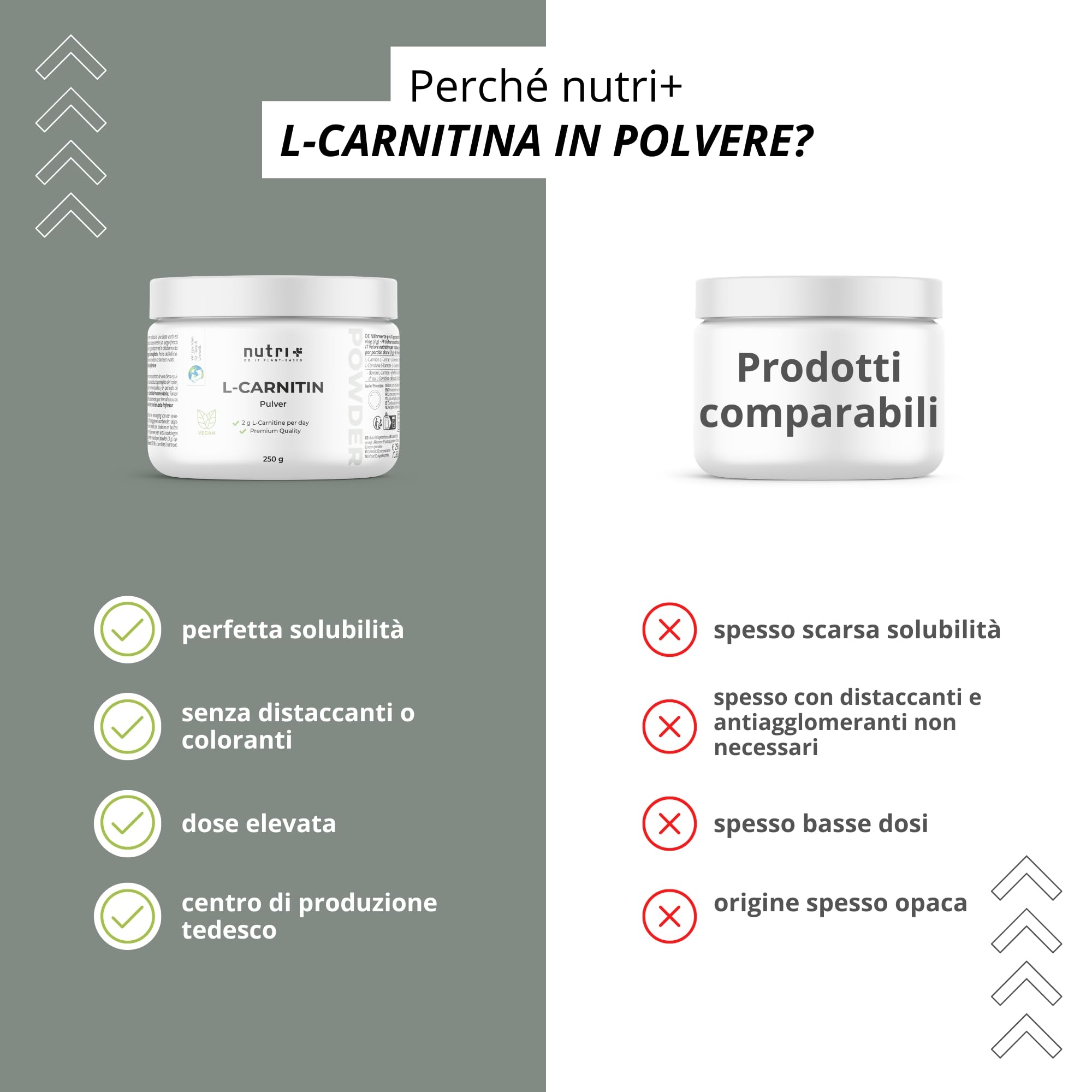 nutri + L-carnitina in Polvere - 100% Carnitina Tartrato vegan Pure Powder 250 g - 3000mg per Porzione - Acido tartarico senza Additivi