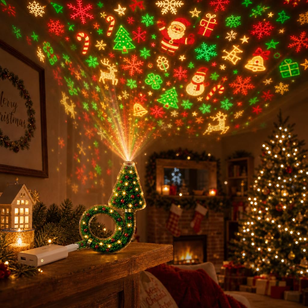 Merry Glow Christmas Projector, USB Christmas Tree Projector Light for Ceiling & Wall, Indoor Holiday Night Lamp with 6 Festive Patterns, Plug and Play LED Magic Light Decor for Home，3PCS