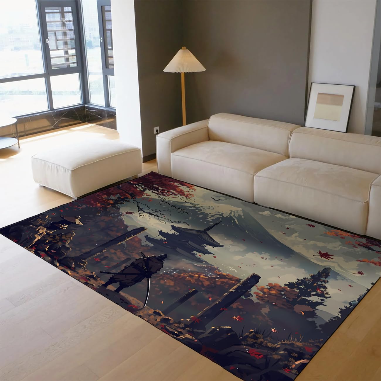 Tapis imprimé japonais salon lavable chambre samouraï Fuji 160x200cm