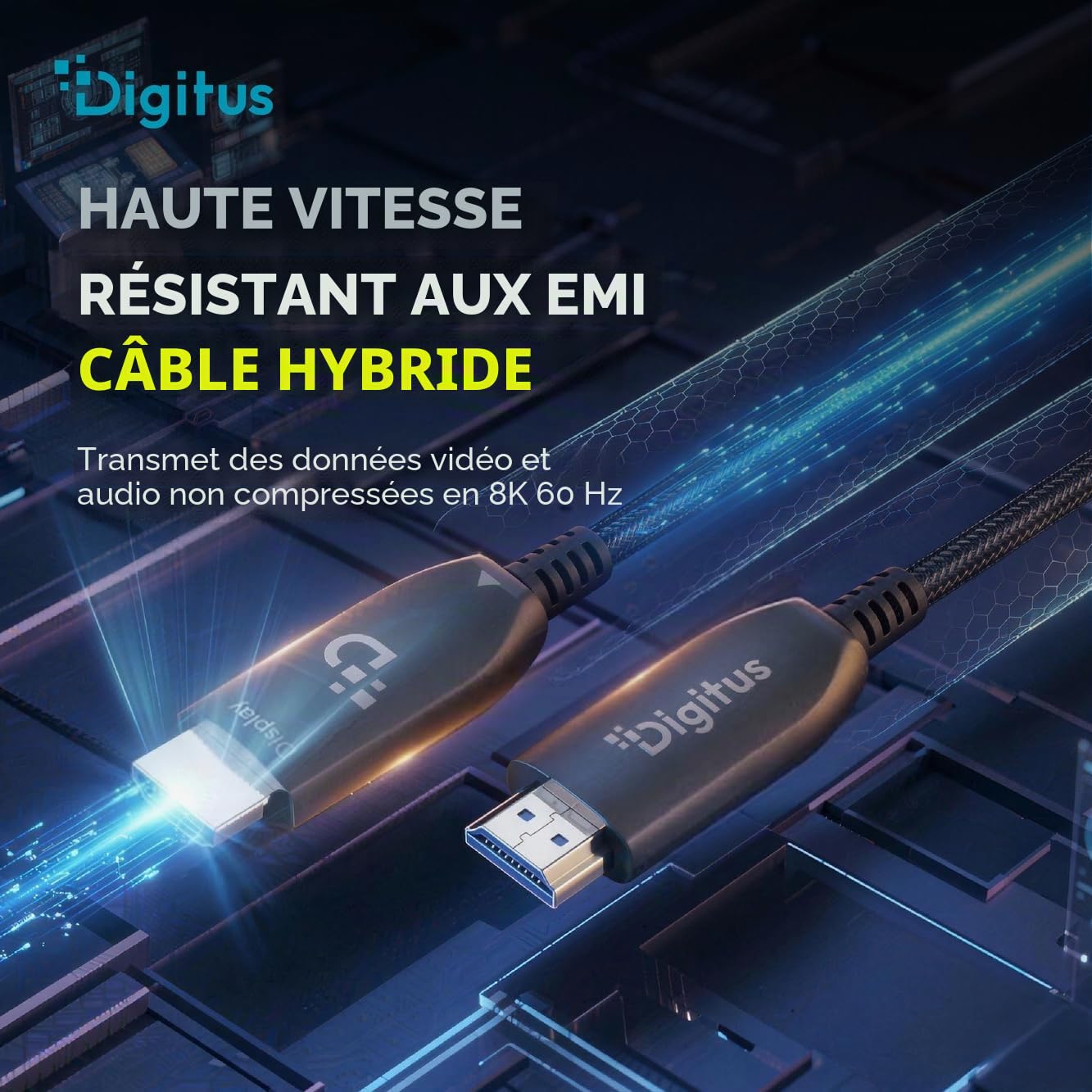 DIGITUS Câble HDMI à fibre optique – 15 m – UHD 8k 60 Hz 4k 120 Hz | HDMI 2.1 – 48 Gbps – eARC, HDR, HDCP 2.2, CEC – Câble hybride AOC – contacts plaqués or – câble HDMI à FO – noir