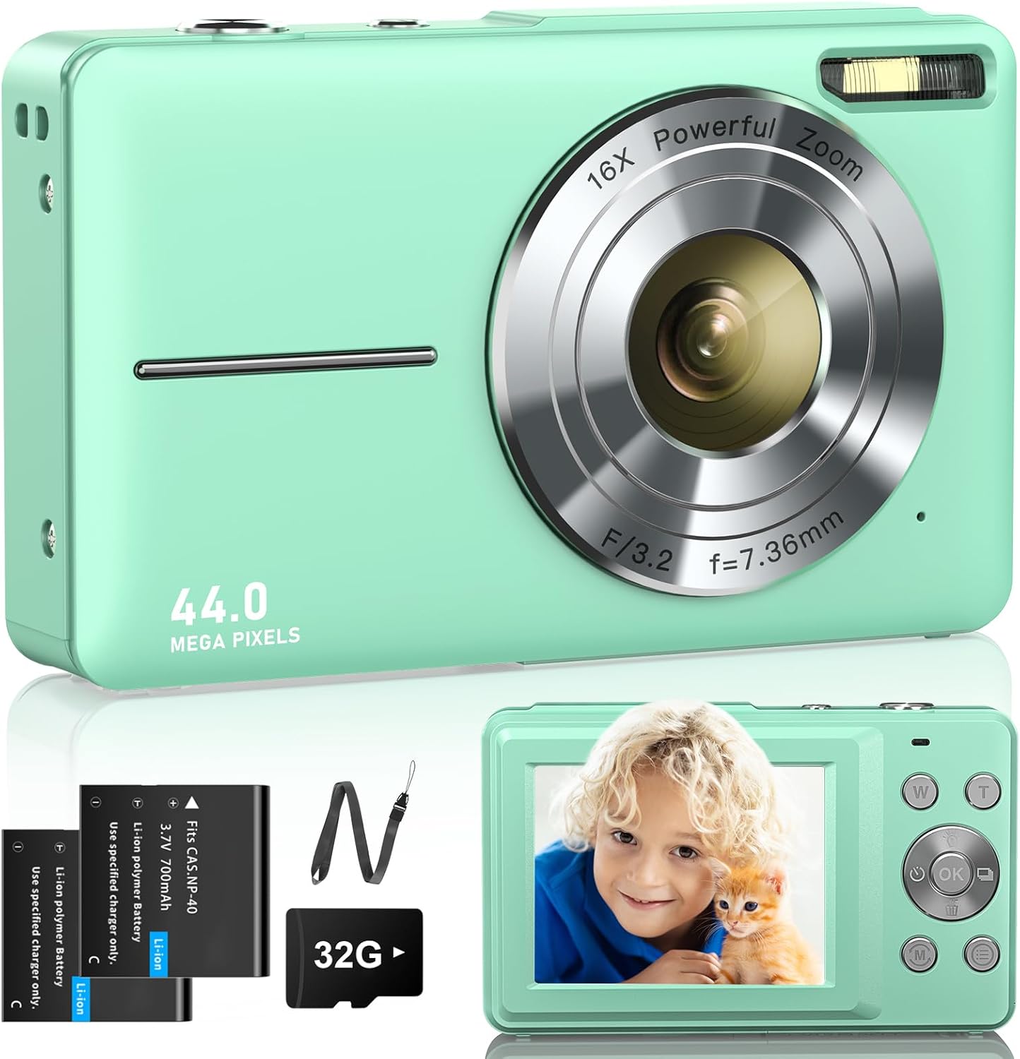 Digital Camera 1080P Camera 44MP Camera 16X Digital Zoom with 32GB Card 2 Batteries Digital Camera for Children Student Teenagers Beginners Green