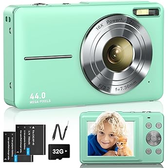 Digital Camera 1080P Camera 44MP Camera 16X Digital Zoom with 32GB Card 2 Batteries Digital Camera for Children Student Teenagers Beginners Green