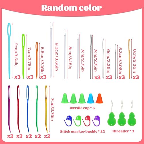 Miniatura 2 de Juego de 55 agujas de hilo coloridas, agujas de tapiz de ojos grandes, kit de agujas de zumbido con agujas romas de ojo grande, agujas de coser de