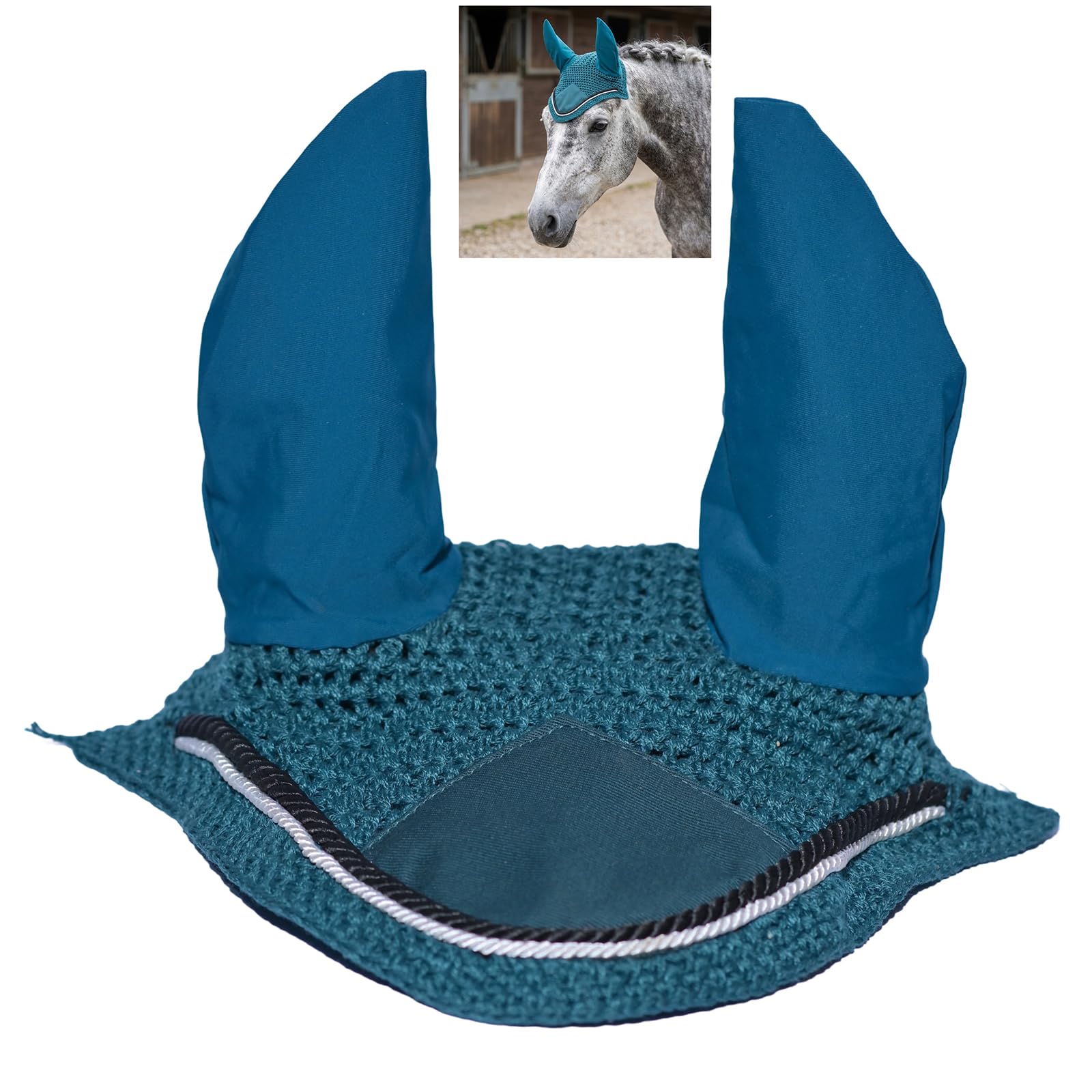 Spire Voile de protection pour cheval en coton respirant doux au crochet pour les oreilles (complet, vert foncé/noir-blanc)