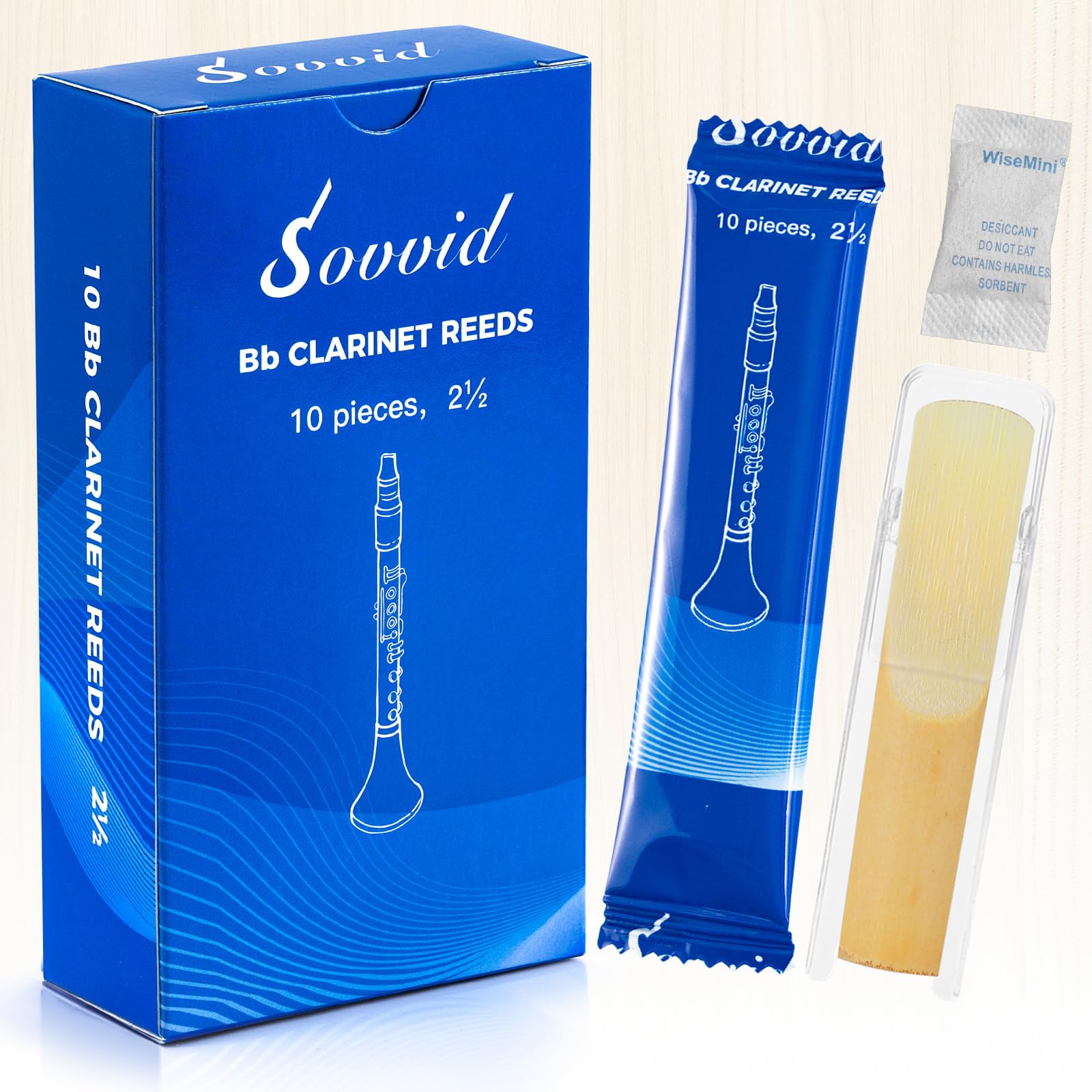 Lot de 10 anches de clarinette en si bémol Force 2,5 avec étui portable, emballées individuellement pour clarinette débutants et joueurs, pointe de anche plus fine et coupe non limée pour un