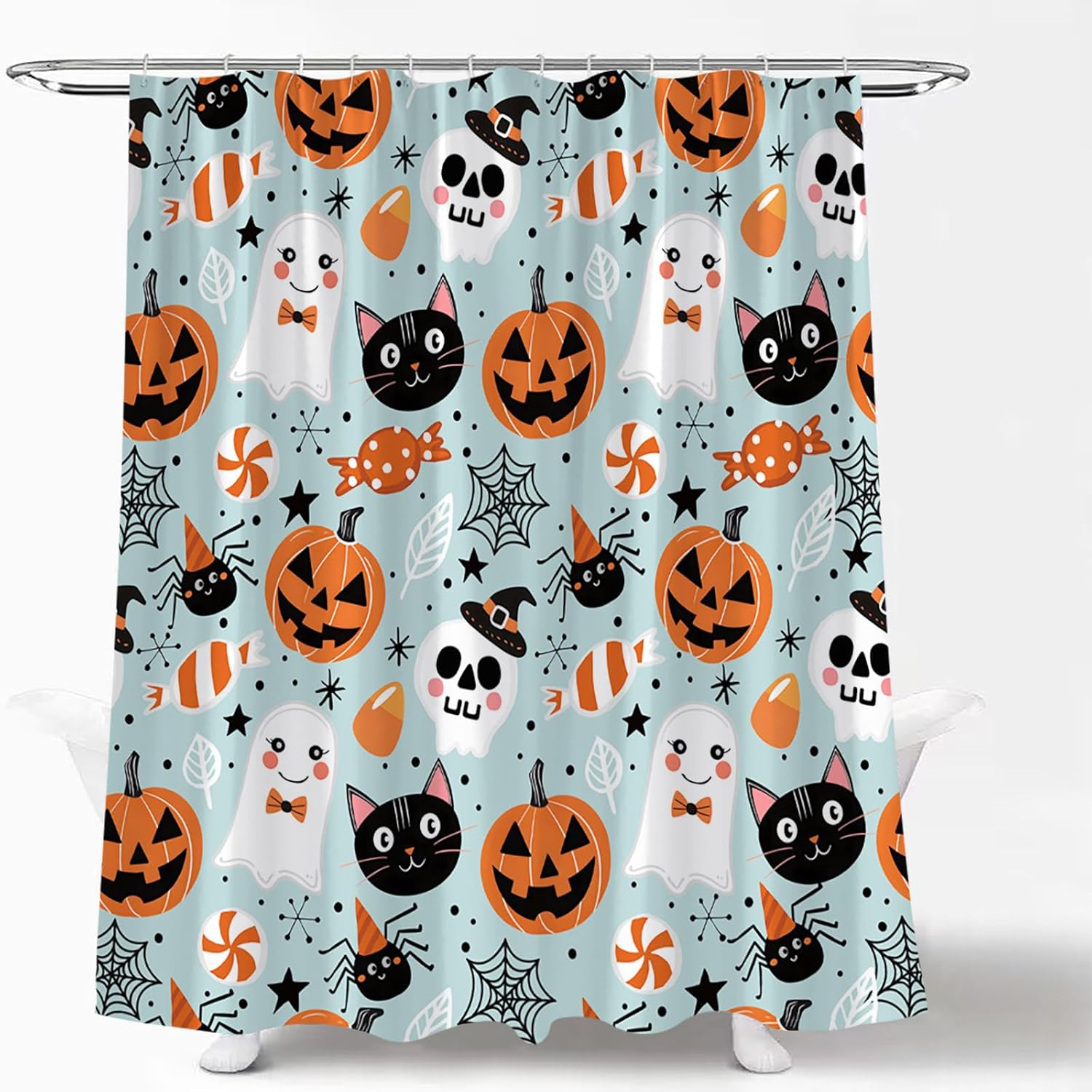 Happy Halloween Shower Curtain Cute Cartoon Pumpkin Spooky Ghost Orange Pumpkin Head Icons Funny Black Cat Spider’s Web Skull Skeleton Witch Hat Fabric Bath Curtain Set with Hook