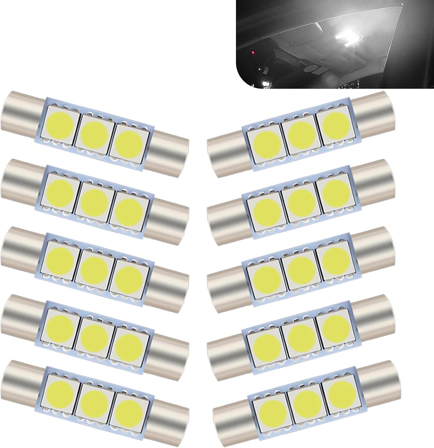 WZP 10 PCS 28mm LED Studying Lights, 6614F/6612F 5050-3SMD 12V Flat Head Twin Tip 180 Diploma Lighting Bulbs, Plug and Play, Common for Automobile Solar Visor Lights Inside Vainness Mirror LED Lights (White)