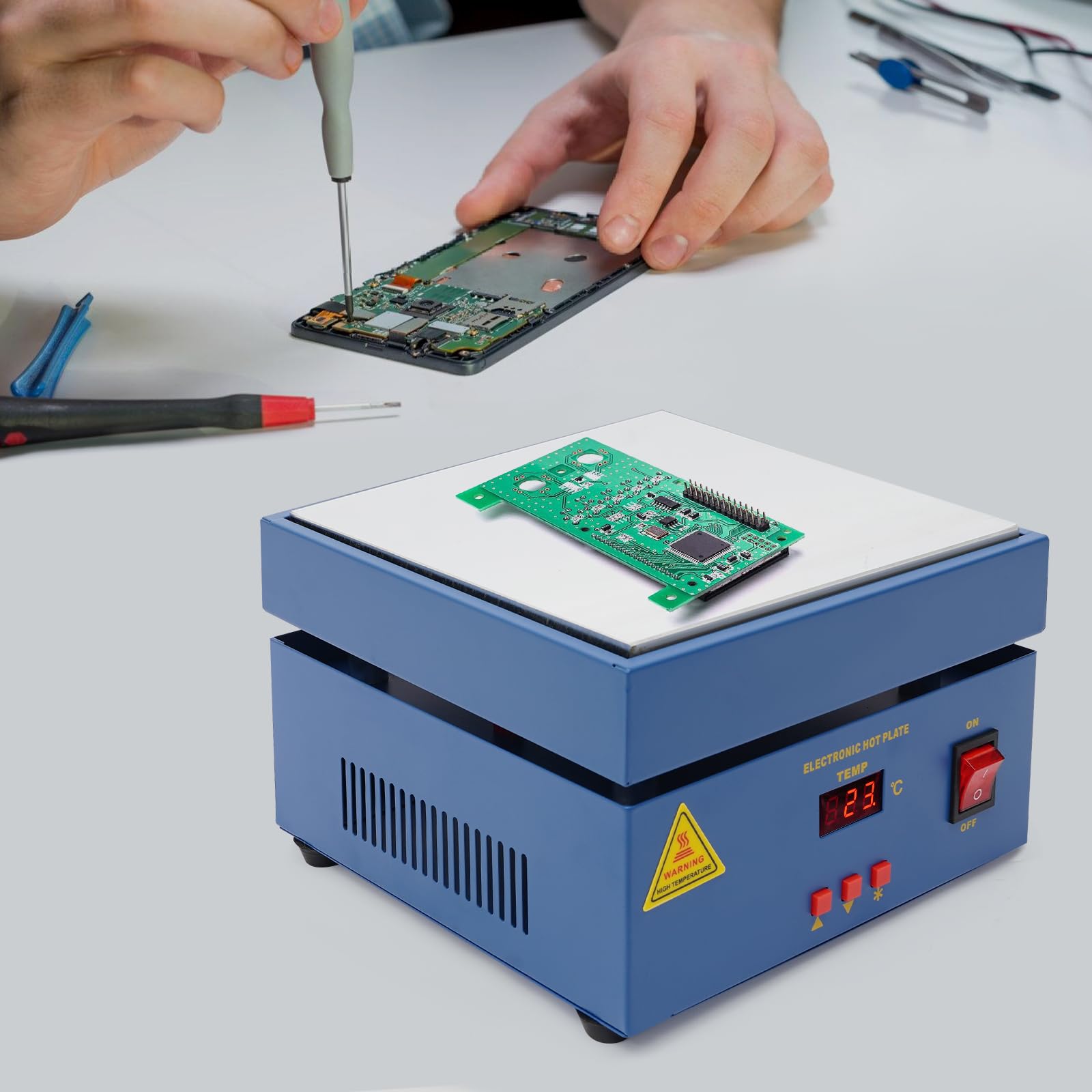 Placa calefactora de 800 W, placa caliente de laboratorio a 400 °C, estación de soldadura PCB, 20 x 20 cm, zona de calefacción, anillo de soldadura digital LED para calefacción de